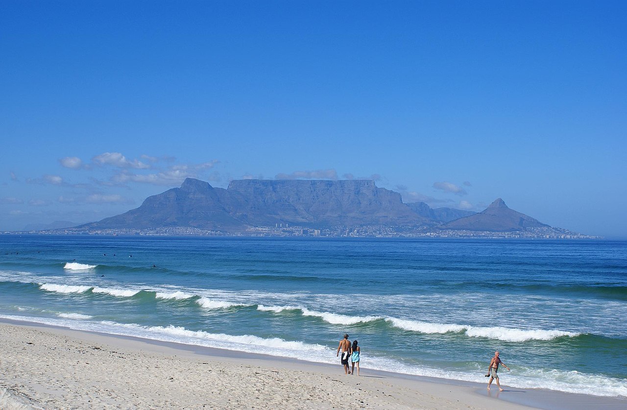 Table Mountain and Cape Town seen from Bloubergstrand beach