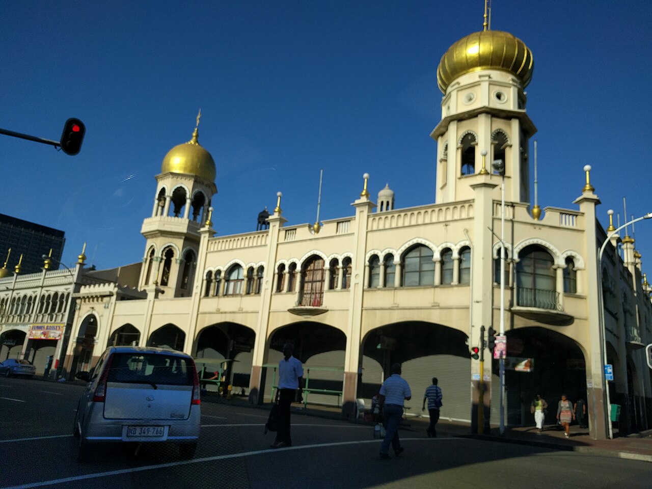Juma Mosque exterior with gold-domed minarets, Durban