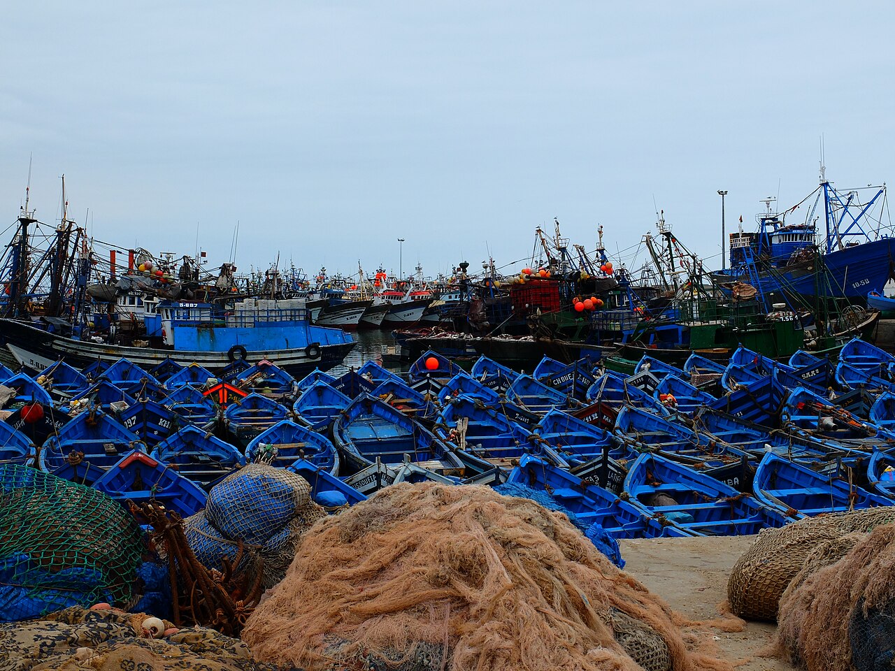Traditional blue fishing boats in the port of Essaouira