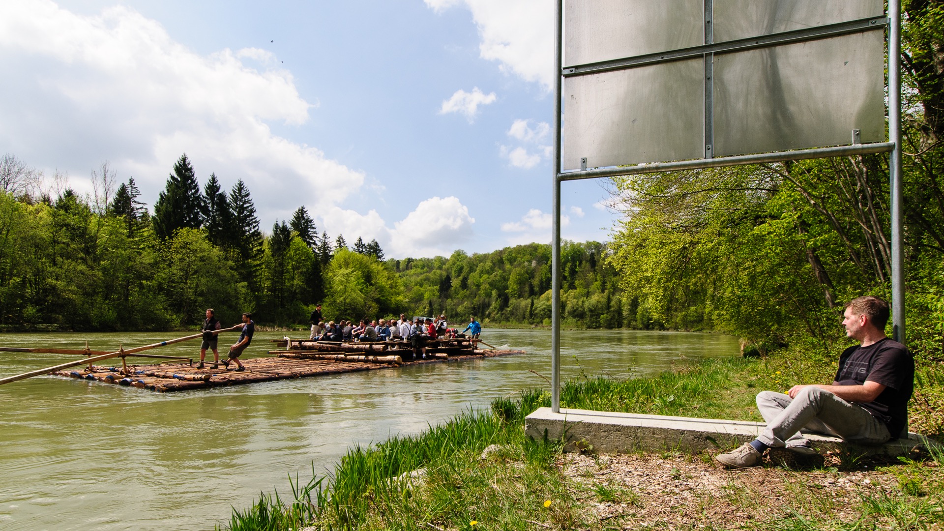 Traditional log raft on the Isar River, Bavaria, Germany