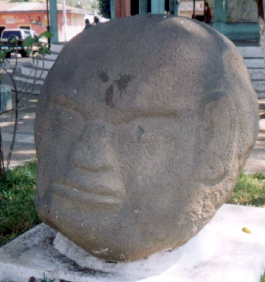 Ancient stone head sculpture, La Democracia, Guatemala