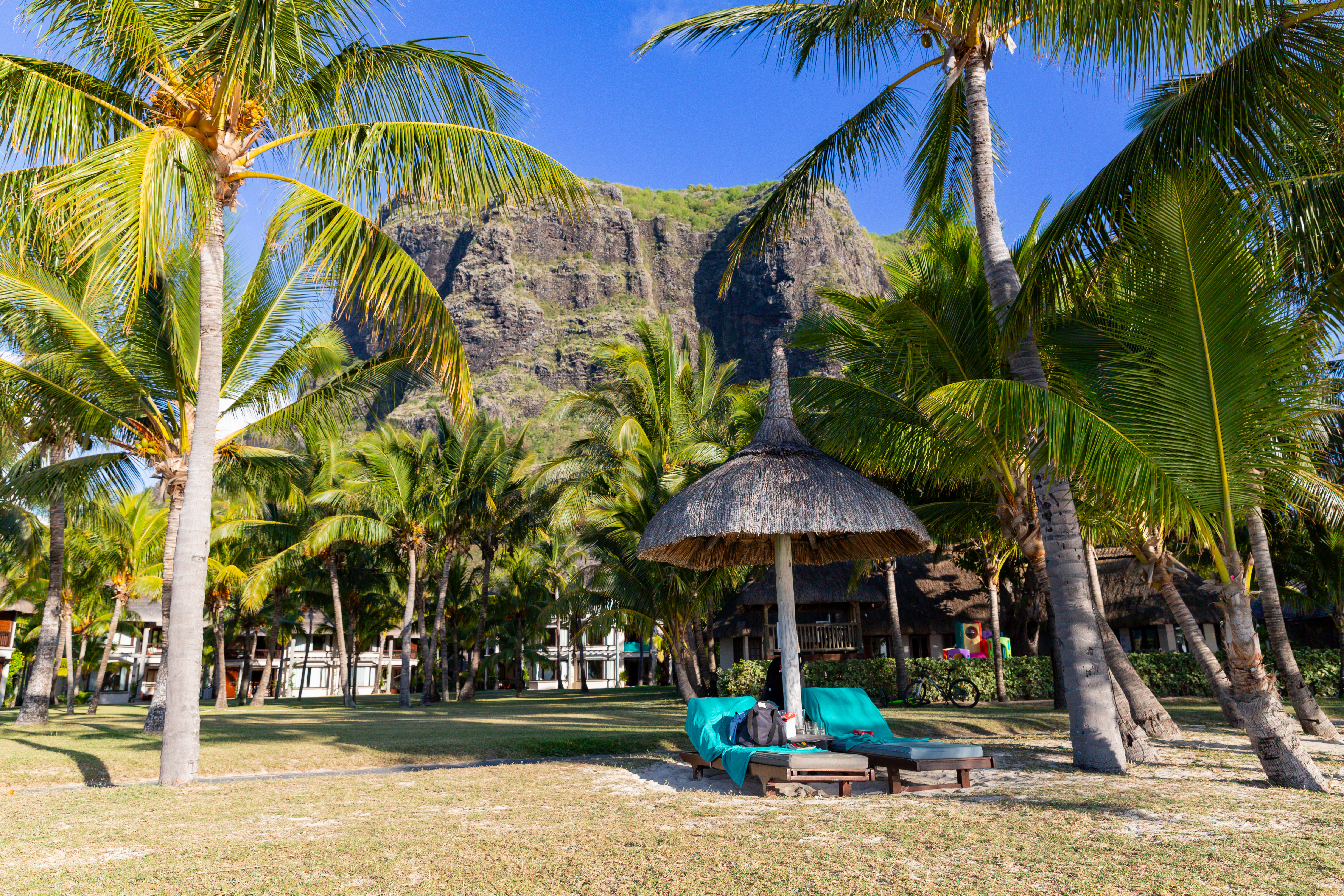 Le Morne Brabant mountain rising above the beach and lagoon on Mauritius's southwest coast, a UNESCO World Heritage Site