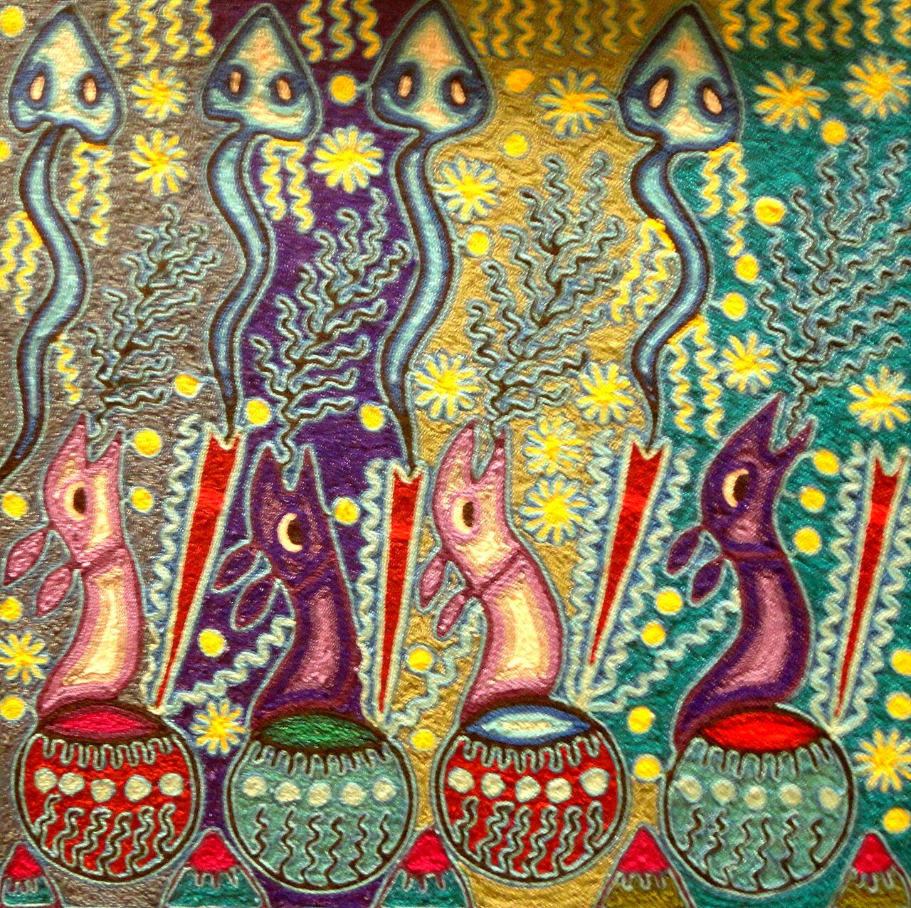 Traditional Huichol yarn painting