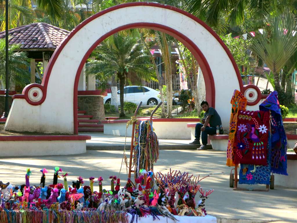 Sayulita's main plaza with vendors and buskers