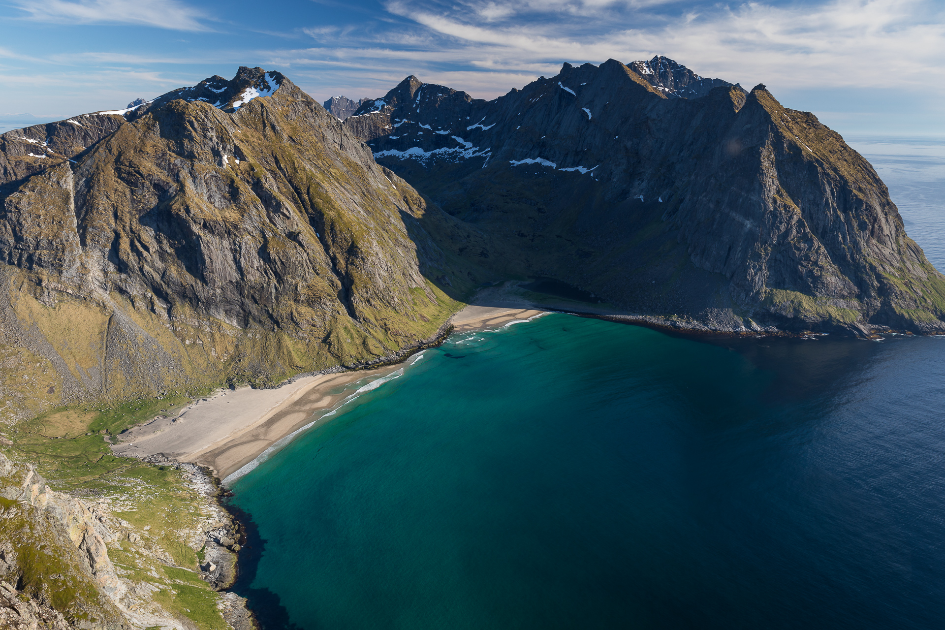 View from Mount Ryten over Kvalvika Beach, Lofoten, Norway