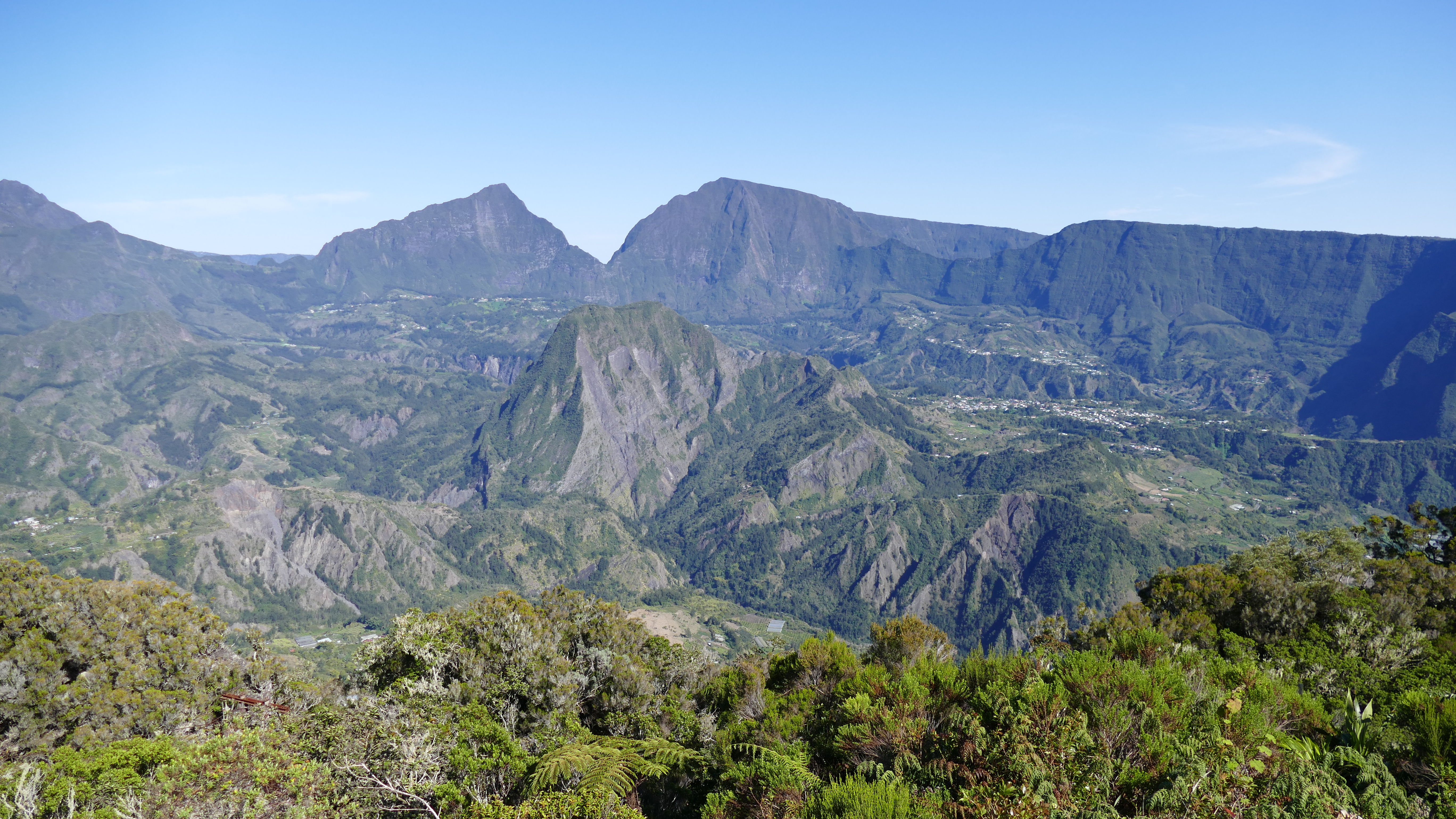 The lush Cirque de Salazie caldera seen from the Belouve refuge, Réunion