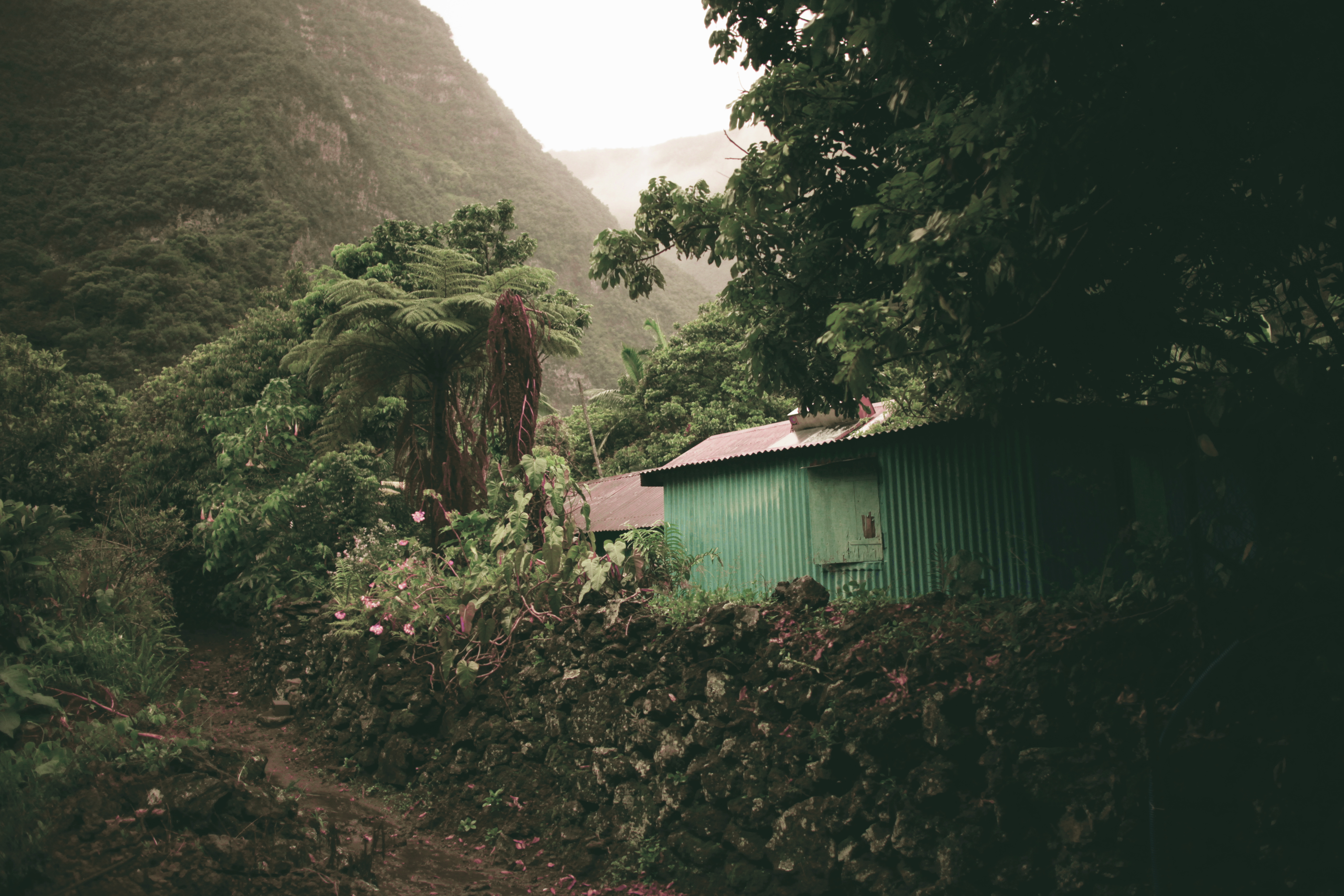 The remote hamlet of Grand Bassin, reachable only on foot or by helicopter, in a steep Réunion valley
