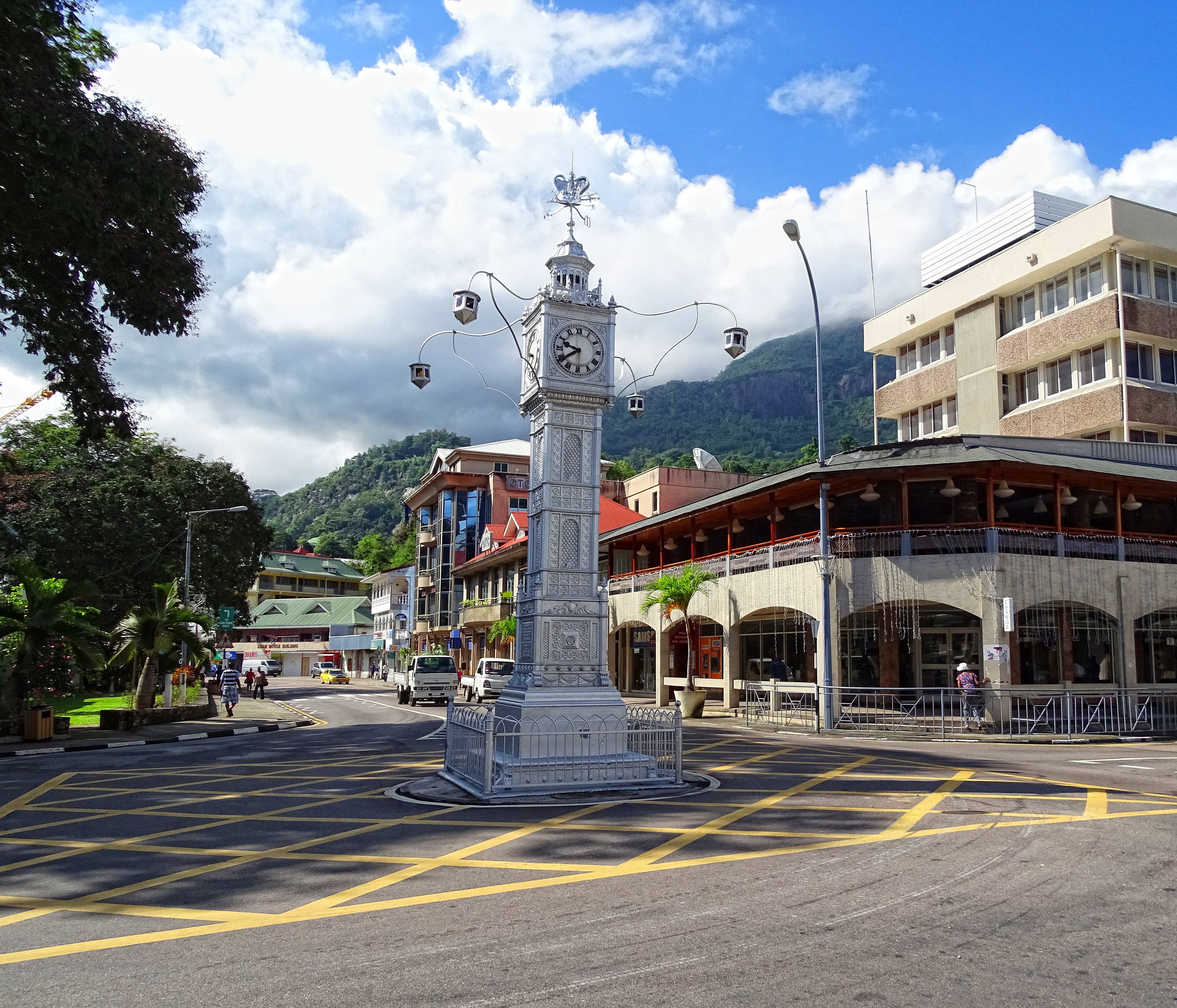 The Victoria Clock Tower in the center of Victoria, Mahé, Seychelles