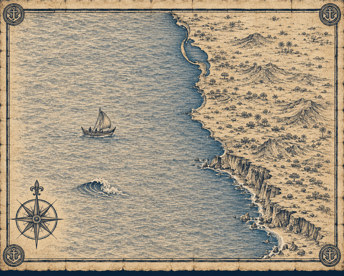 Illustrated navy-and-parchment map of Angola, in the style of an antique nautical chart.