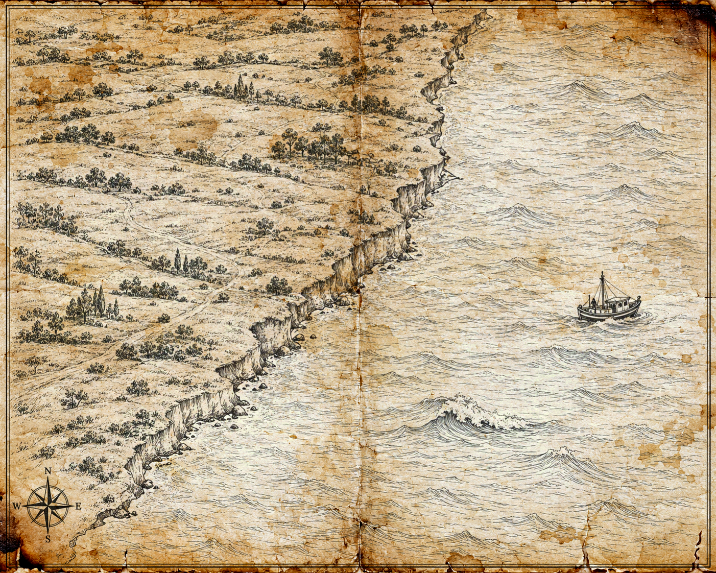 Illustrated charcoal-black-ink map of Argentina's Atlantic coast, in the style of an antique nautical chart.