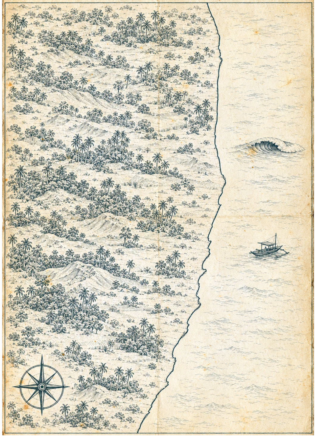 Illustrated map of Arugam Bay and Sri Lanka's east coast, in the style of an antique nautical chart.