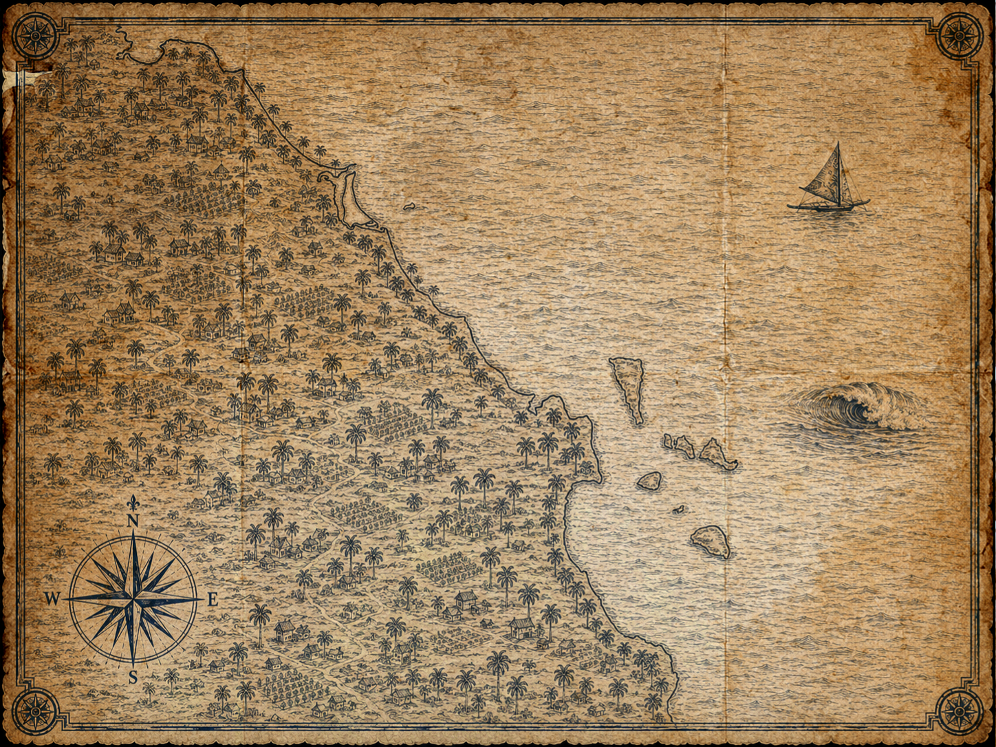 Illustrated navy-and-parchment map of Bagasbas, Camarines Norte province, in the style of an antique nautical chart.