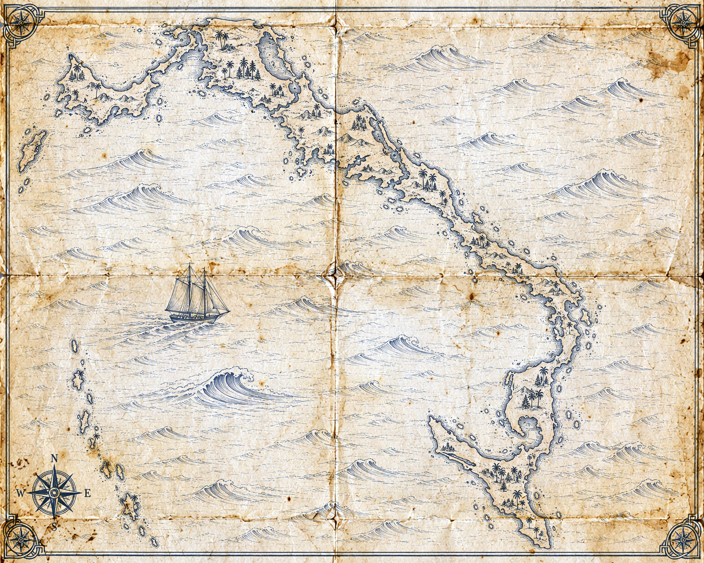 Illustrated navy-ink map of Eleuthera island, The Bahamas, in the style of an antique nautical chart.