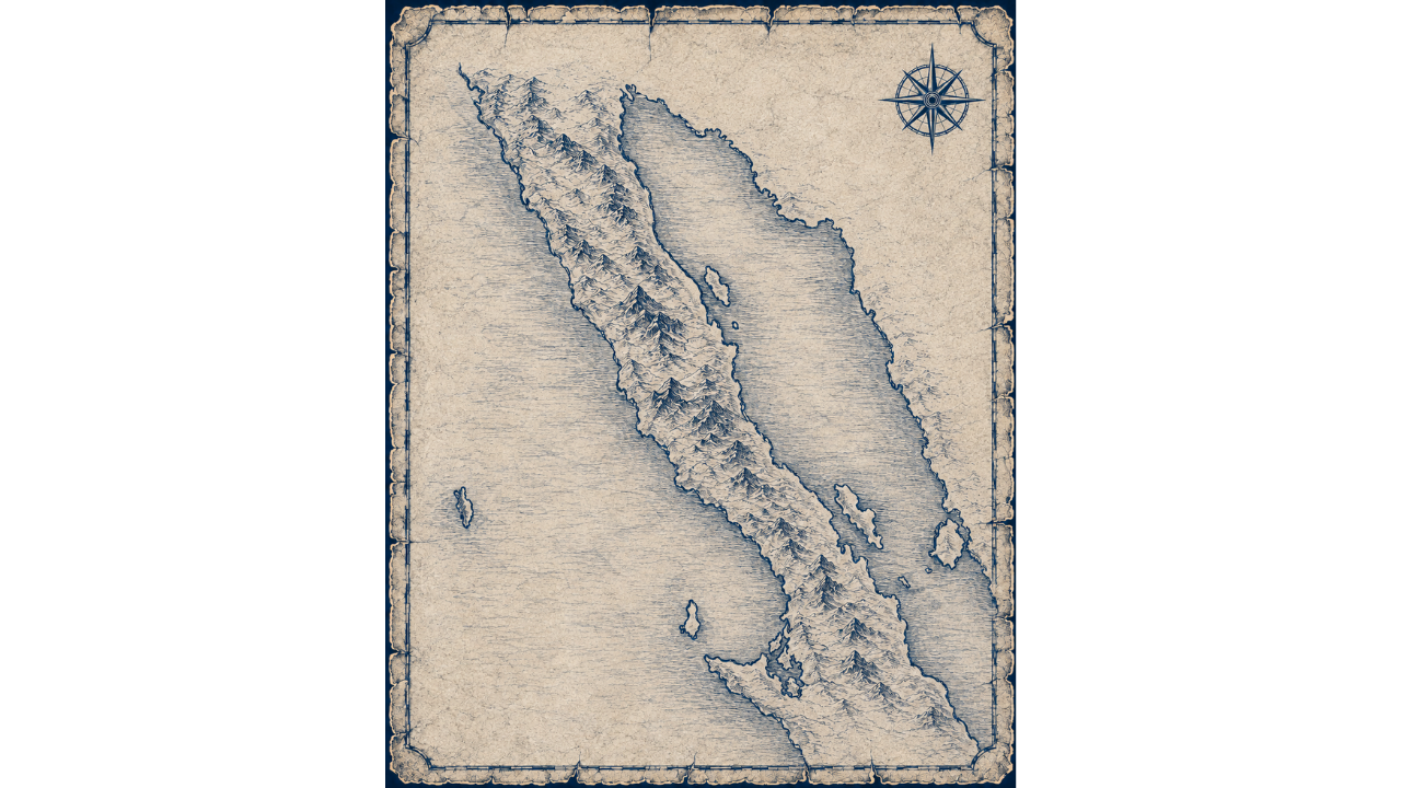 Illustrated navy-and-parchment map of Baja Norte, in the style of an antique nautical chart.