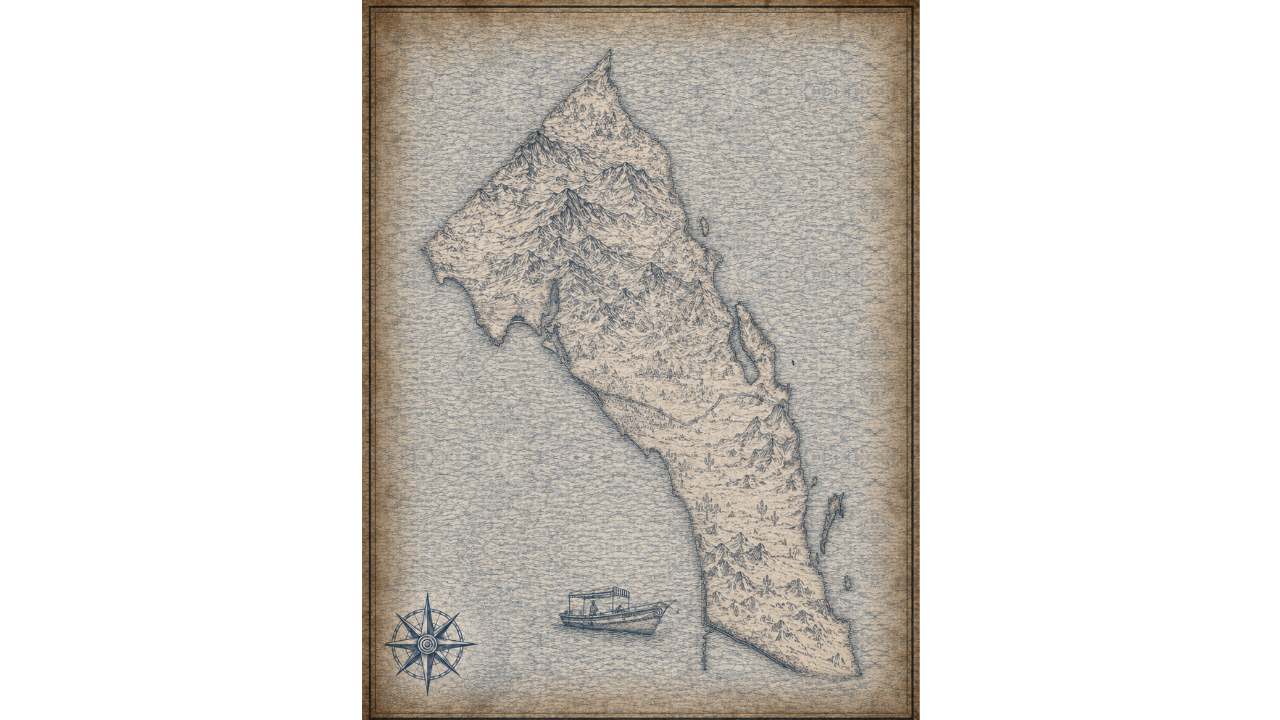 Illustrated navy-and-parchment map of Baja Sur's remote coast, in the style of an antique nautical chart.