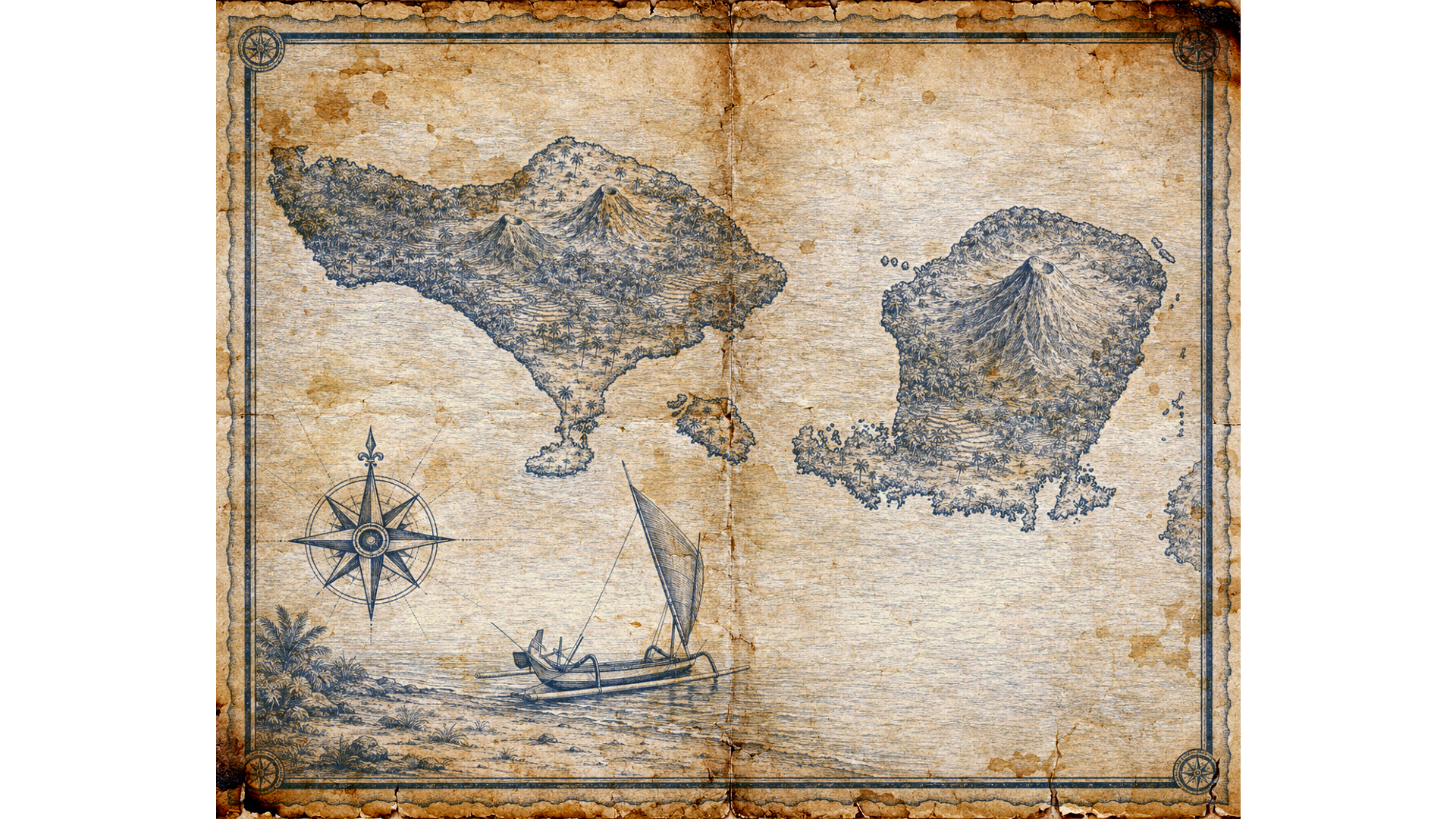 Illustrated navy-and-parchment map of Bali and Lombok, in the style of an antique nautical chart.