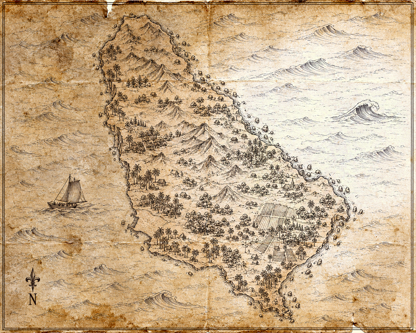 Illustrated sepia-ink map of Barbados, in the style of an antique nautical chart.