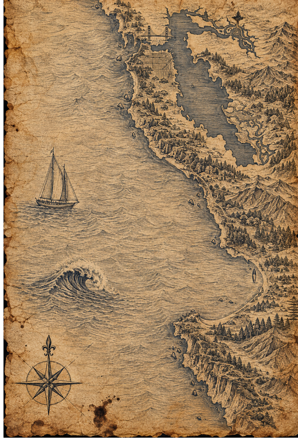 Illustrated navy-and-parchment map of Big Sur and San Francisco, in the style of an antique nautical chart.