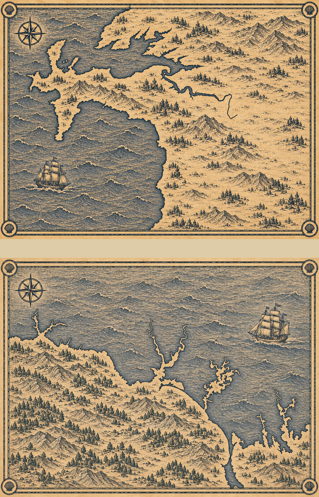 Illustrated navy-and-parchment map of Brittany, in the style of an antique nautical chart.