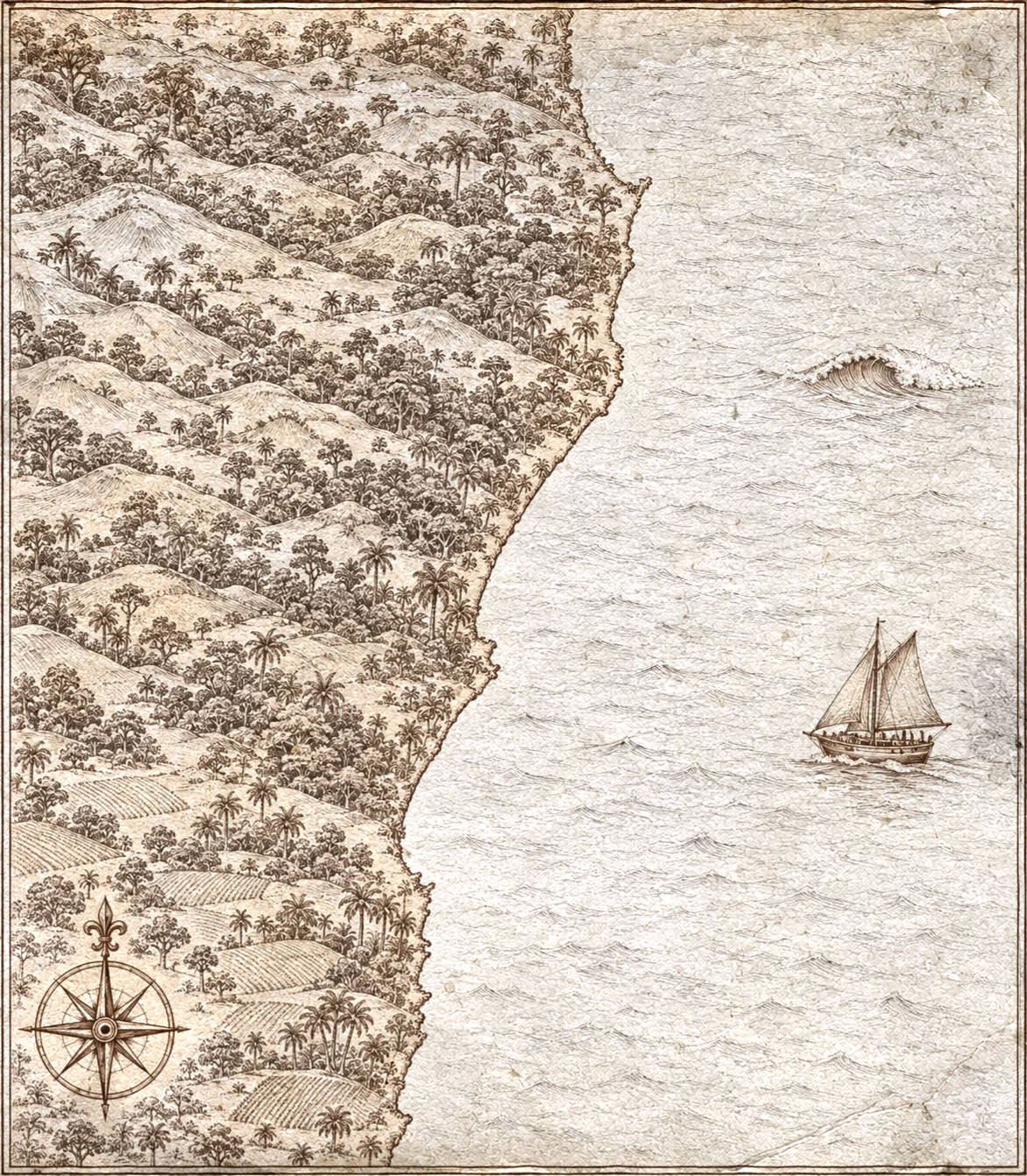 Illustrated map of Byron Bay and the Northern Rivers, in the style of an antique nautical chart.
