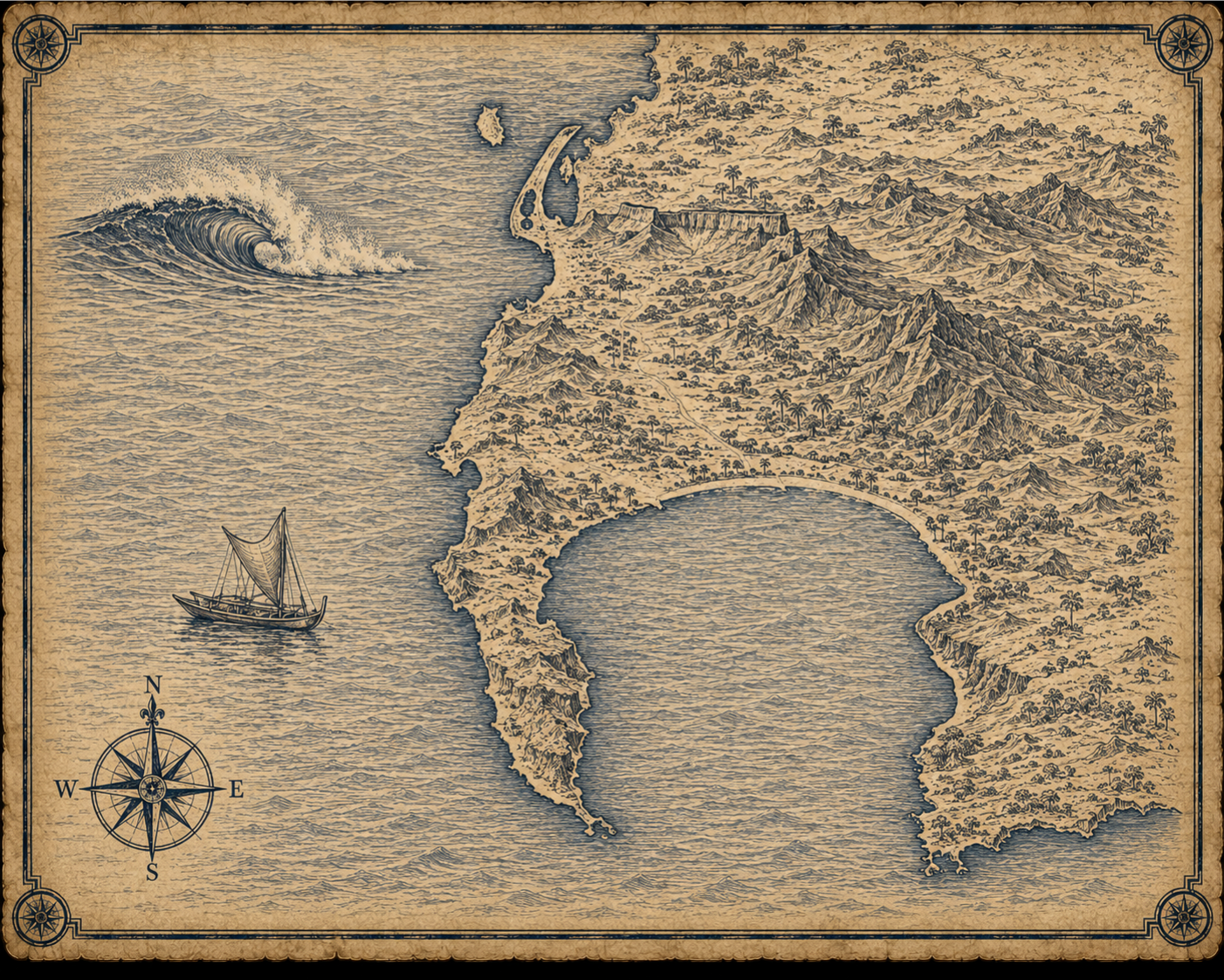 Illustrated navy-and-parchment map of Cape Town Western Cape, in the style of an antique nautical chart.