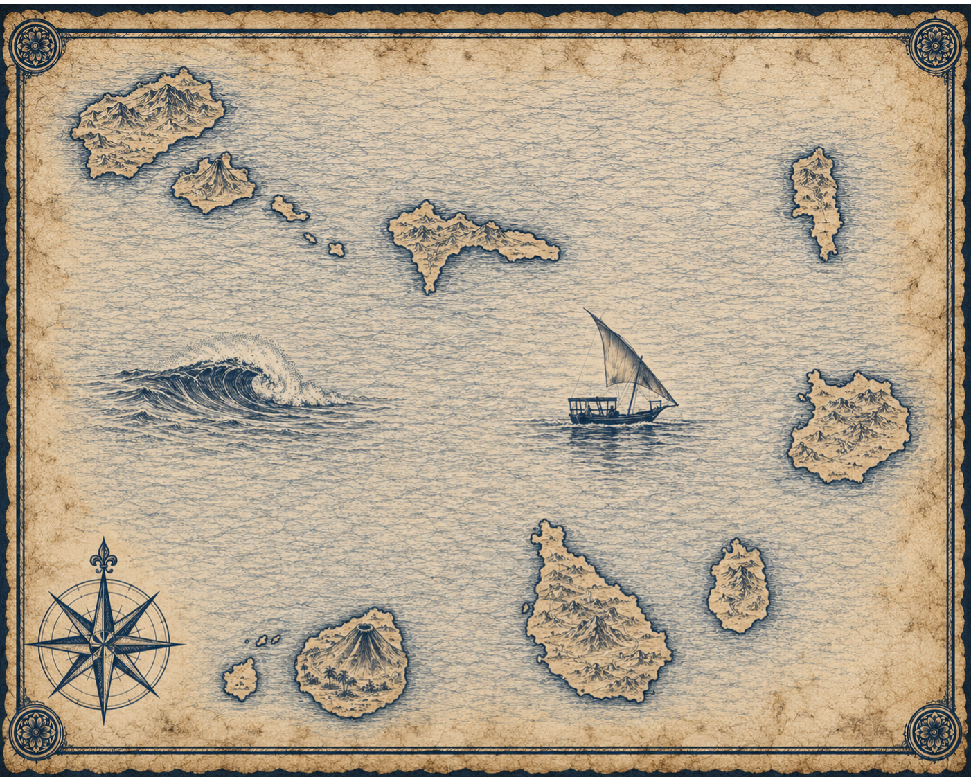 Illustrated navy-and-parchment map of Cape Verde, in the style of an antique nautical chart.