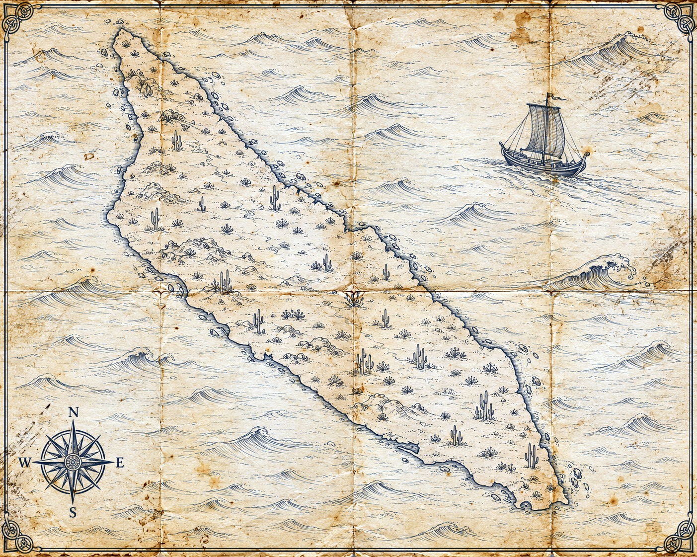 Illustrated navy-ink map of Aruba, in the style of an antique nautical chart.