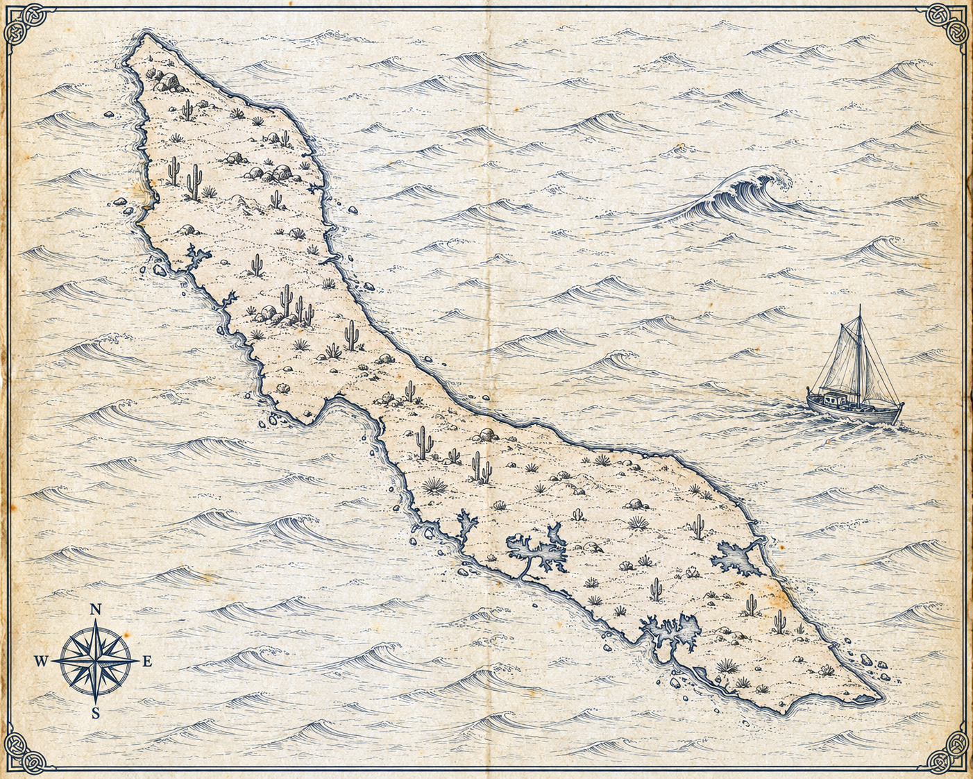 Illustrated sepia-ink map of Cura&ccedil;ao, in the style of an antique nautical chart.
