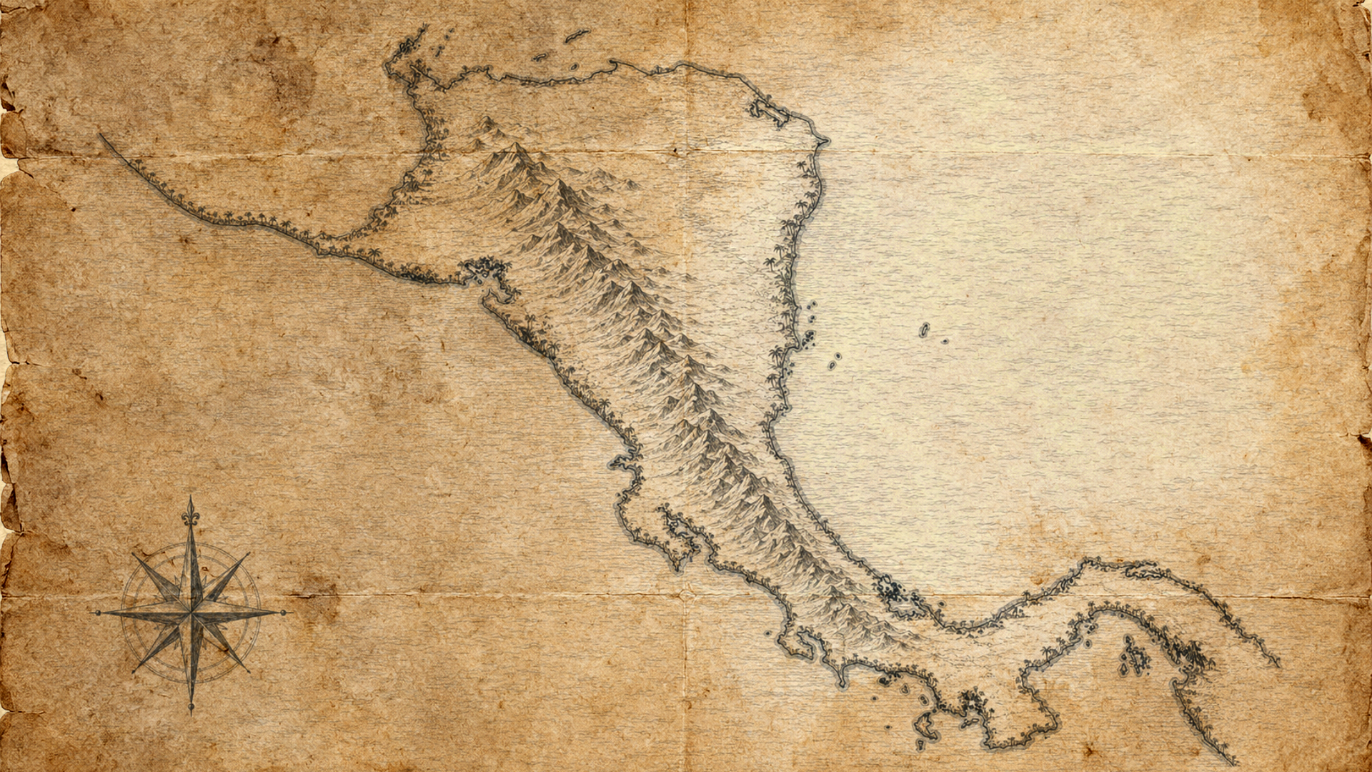 Illustrated pencil-sketch map of Central America, in the style of an antique nautical chart.