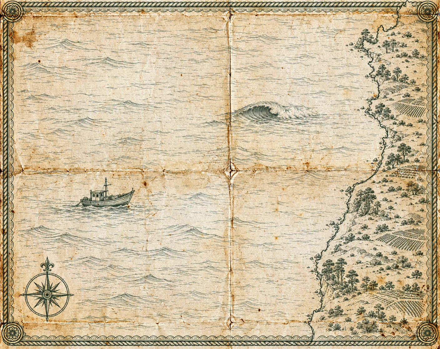 Illustrated forest-green-ink map of Central Chile, in the style of an antique nautical chart.