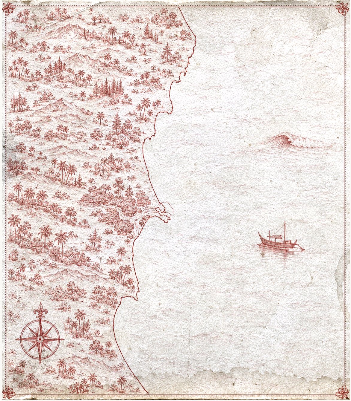 Illustrated map of Cherating and Malaysia's east coast, in the style of an antique nautical chart.