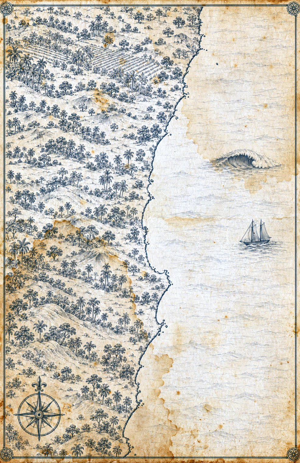 Illustrated map of the Coffs Coast and Mid North Coast, in the style of an antique nautical chart.