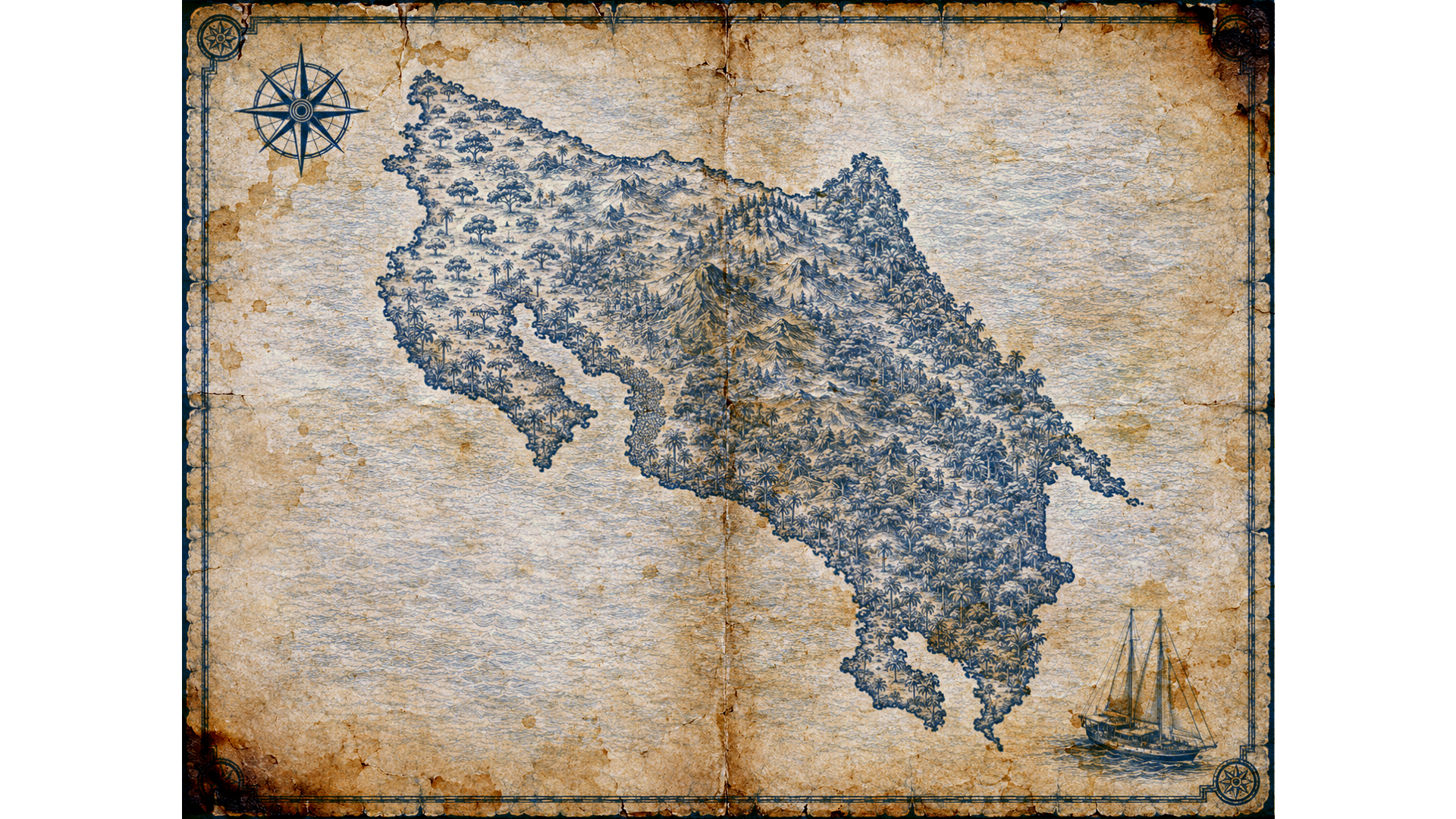Illustrated navy-and-parchment map of Costa Rica, in the style of an antique nautical chart.