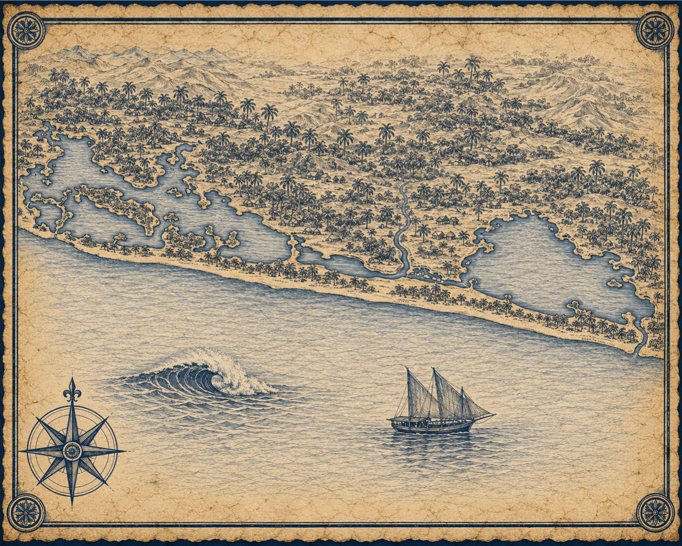 Illustrated navy-and-parchment map of Cote Divoire, in the style of an antique nautical chart.