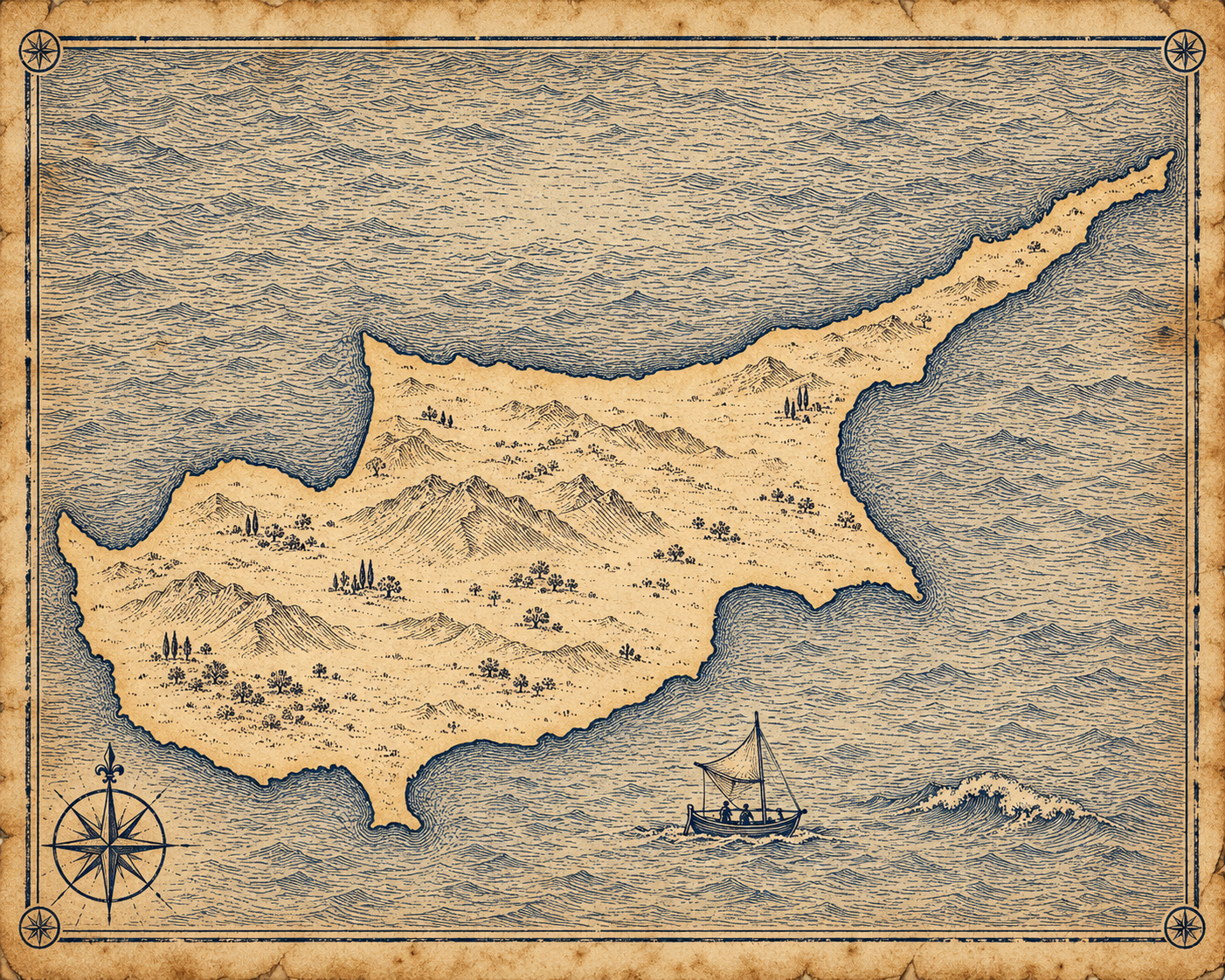 Illustrated ink-on-parchment map of Cyprus, in the style of an antique nautical chart.