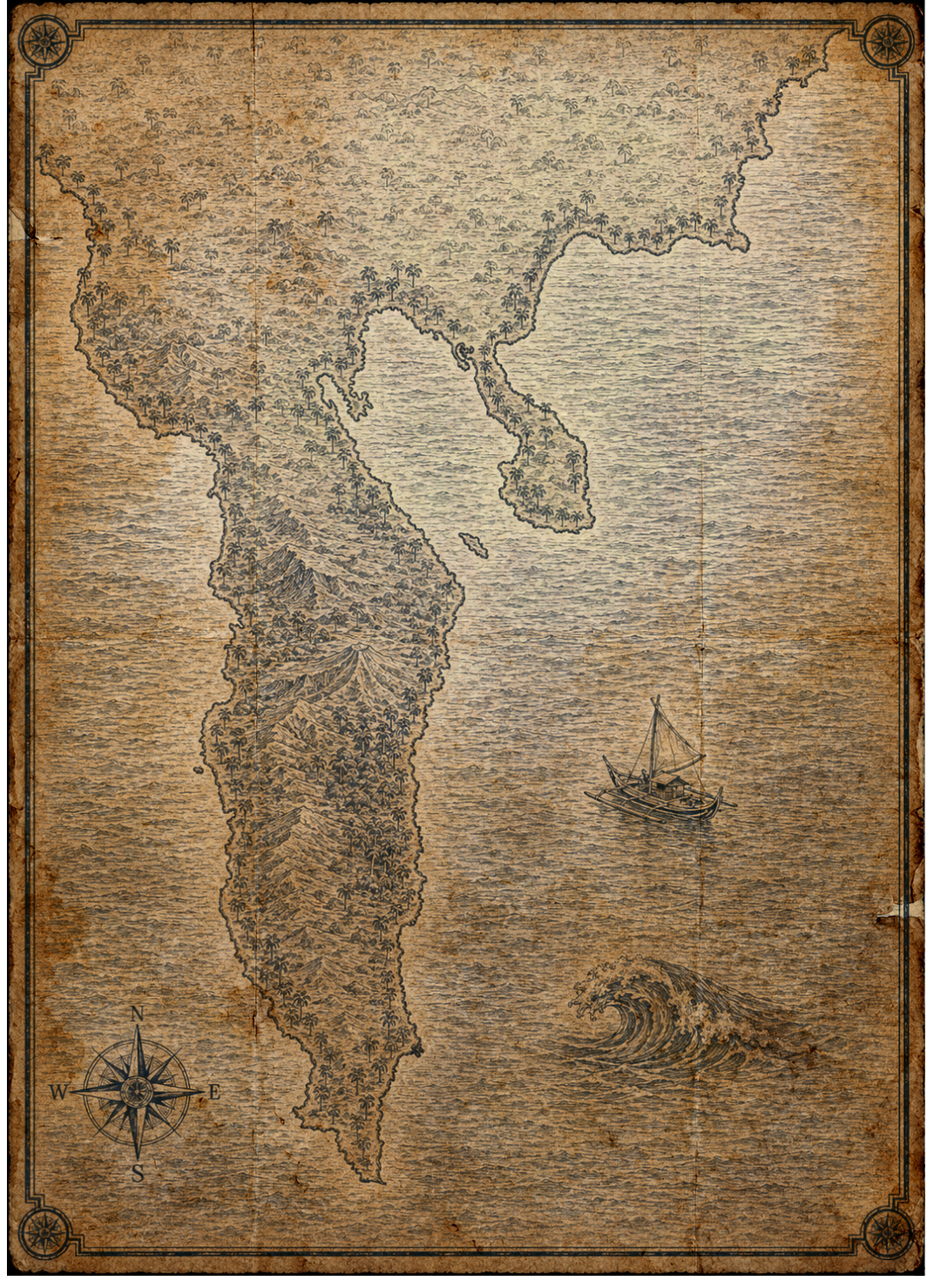 Illustrated navy-and-parchment map of Davao Oriental province, Mindanao, Philippines, in the style of an antique nautical chart.