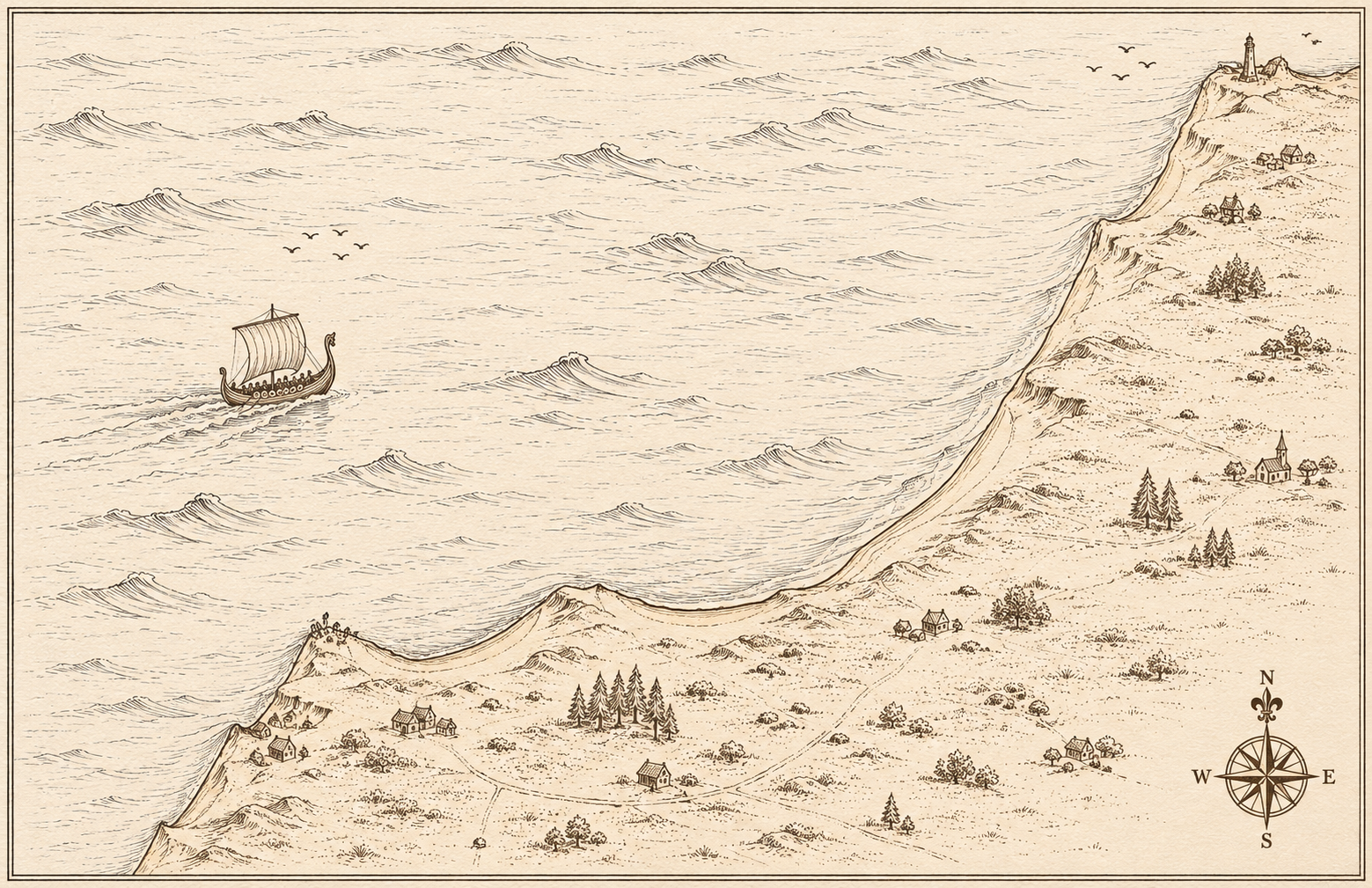 Illustrated sepia-ink map of the northwest Jutland coast, in the style of an antique hand-drawn chart.