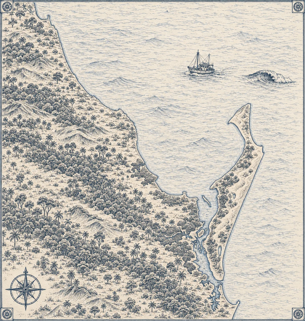 Illustrated map of the Discovery Coast, in the style of an antique nautical chart.