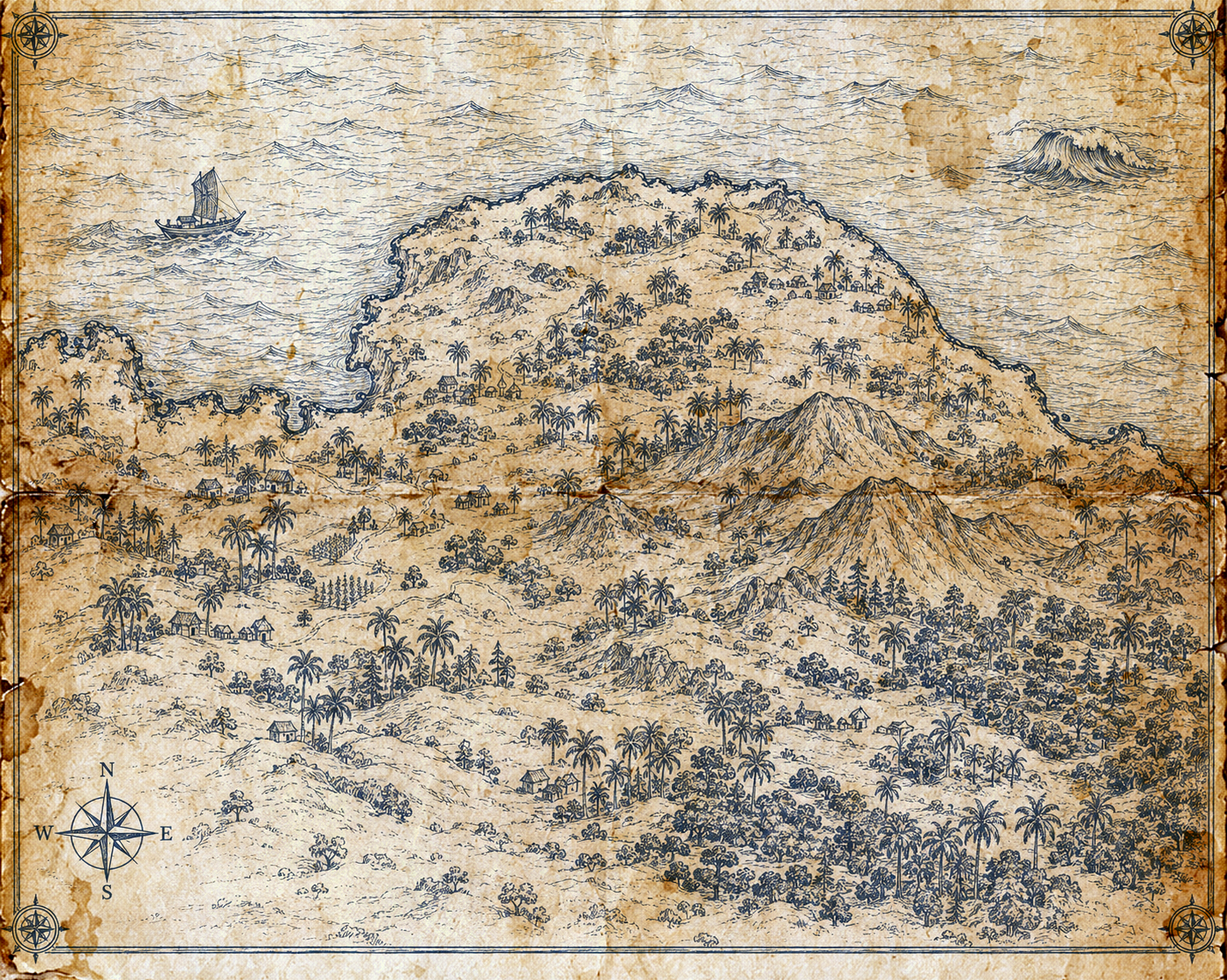 Illustrated slate-blue-ink map of the Dominican Republic's north coast around Sos&uacute;a, Playa Encuentro, and Cabarete, in the style of an antique nautical chart.