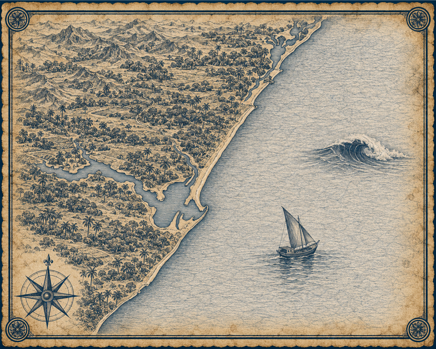 Illustrated navy-and-parchment map of Durban Kzn, in the style of an antique nautical chart.
