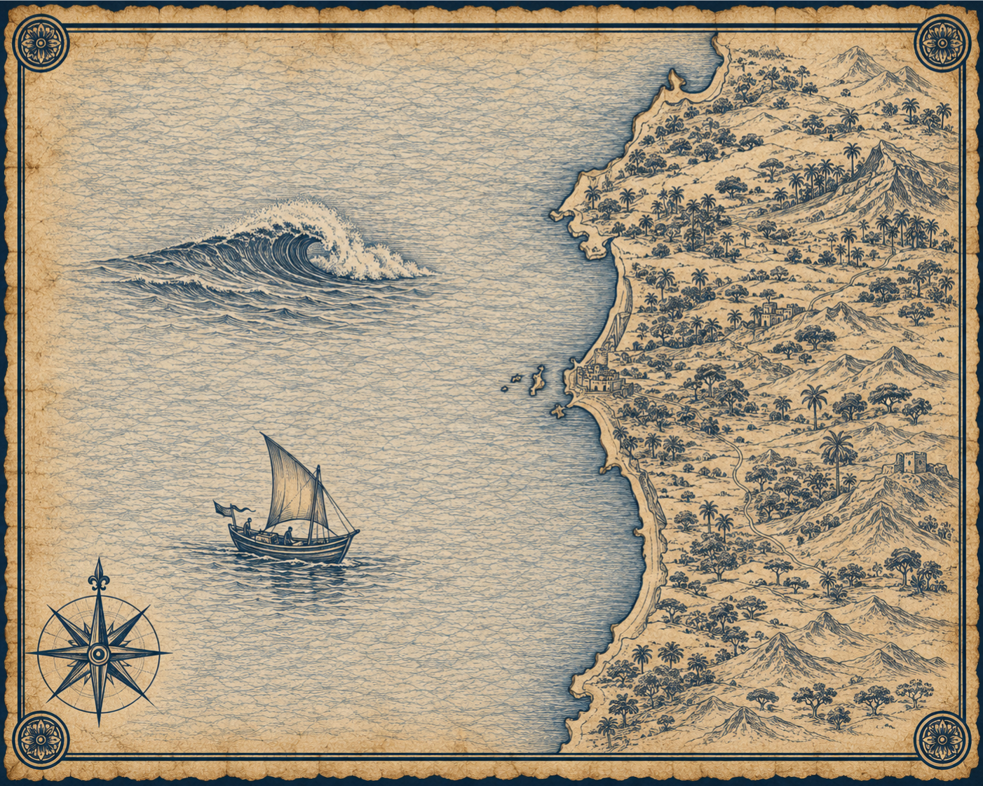 Illustrated navy-and-parchment map of Essaouira, in the style of an antique nautical chart.