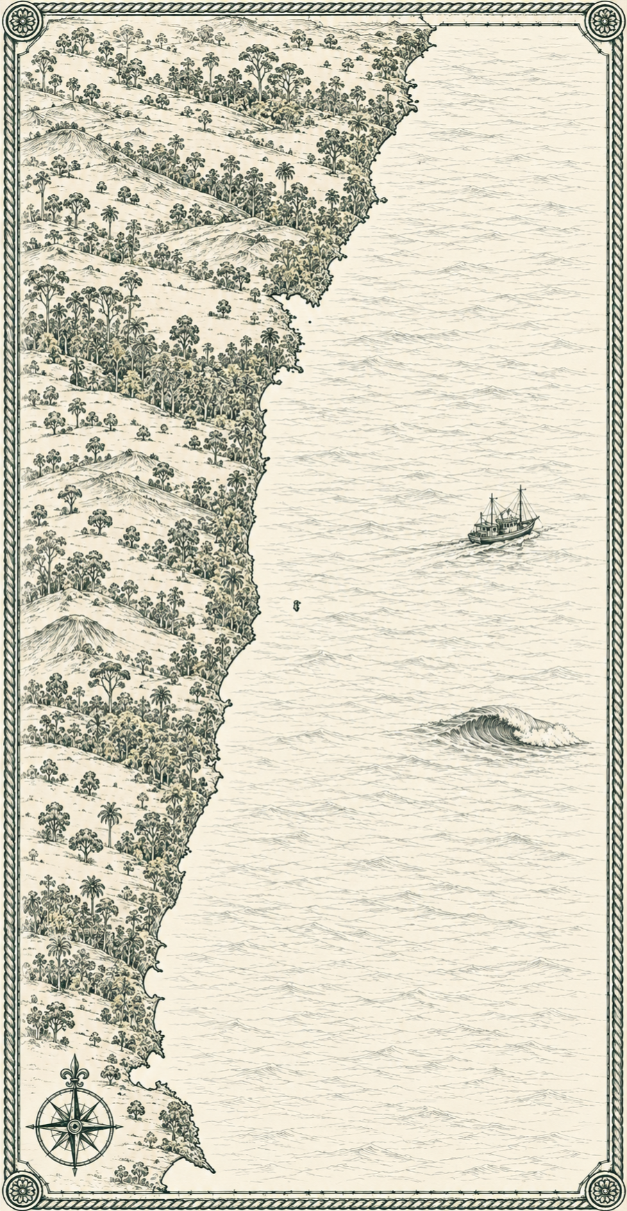 Illustrated map of the Far South Coast of New South Wales, in the style of an antique nautical chart.