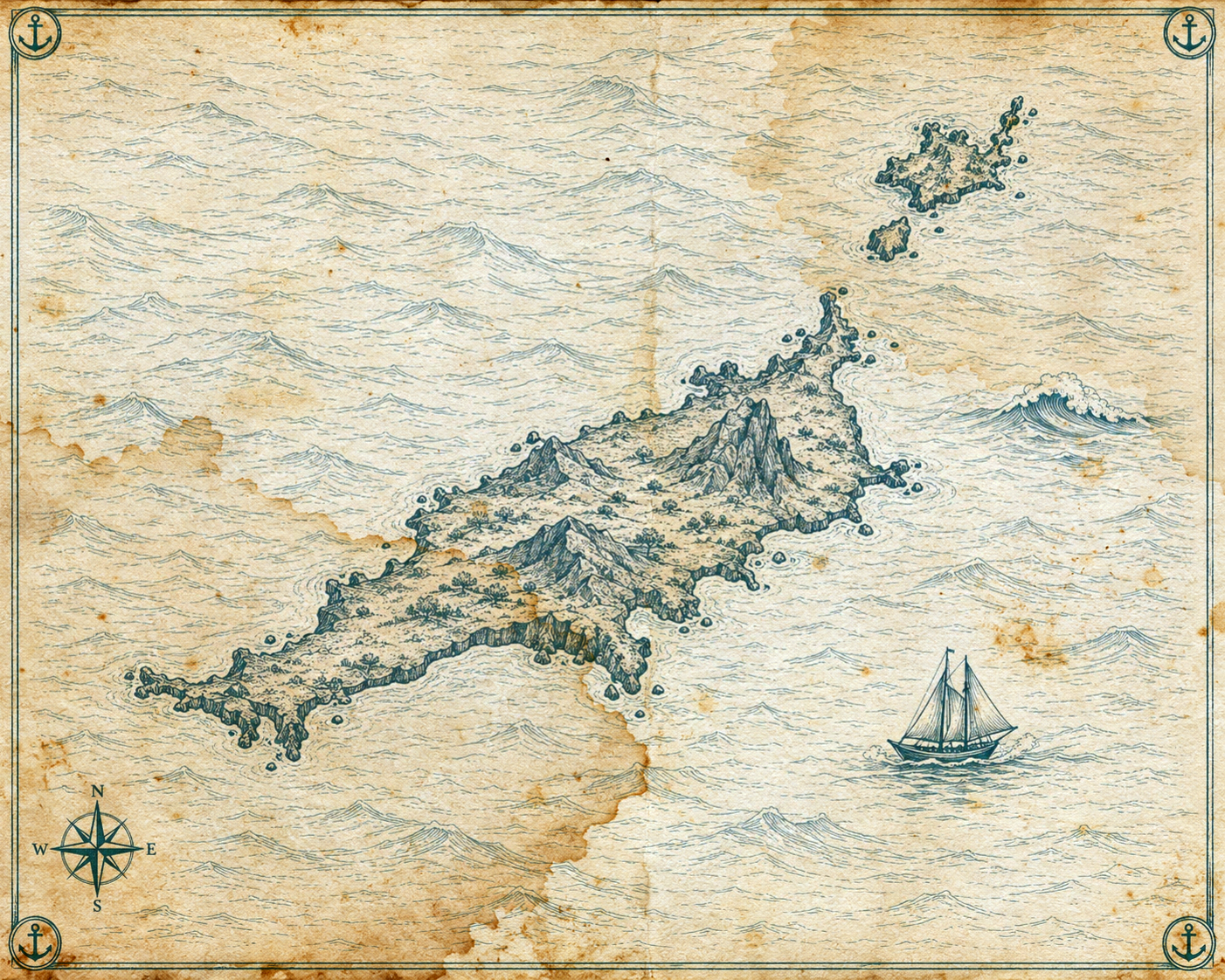 Illustrated turquoise-teal-ink map of Fernando de Noronha, in the style of an antique nautical chart.