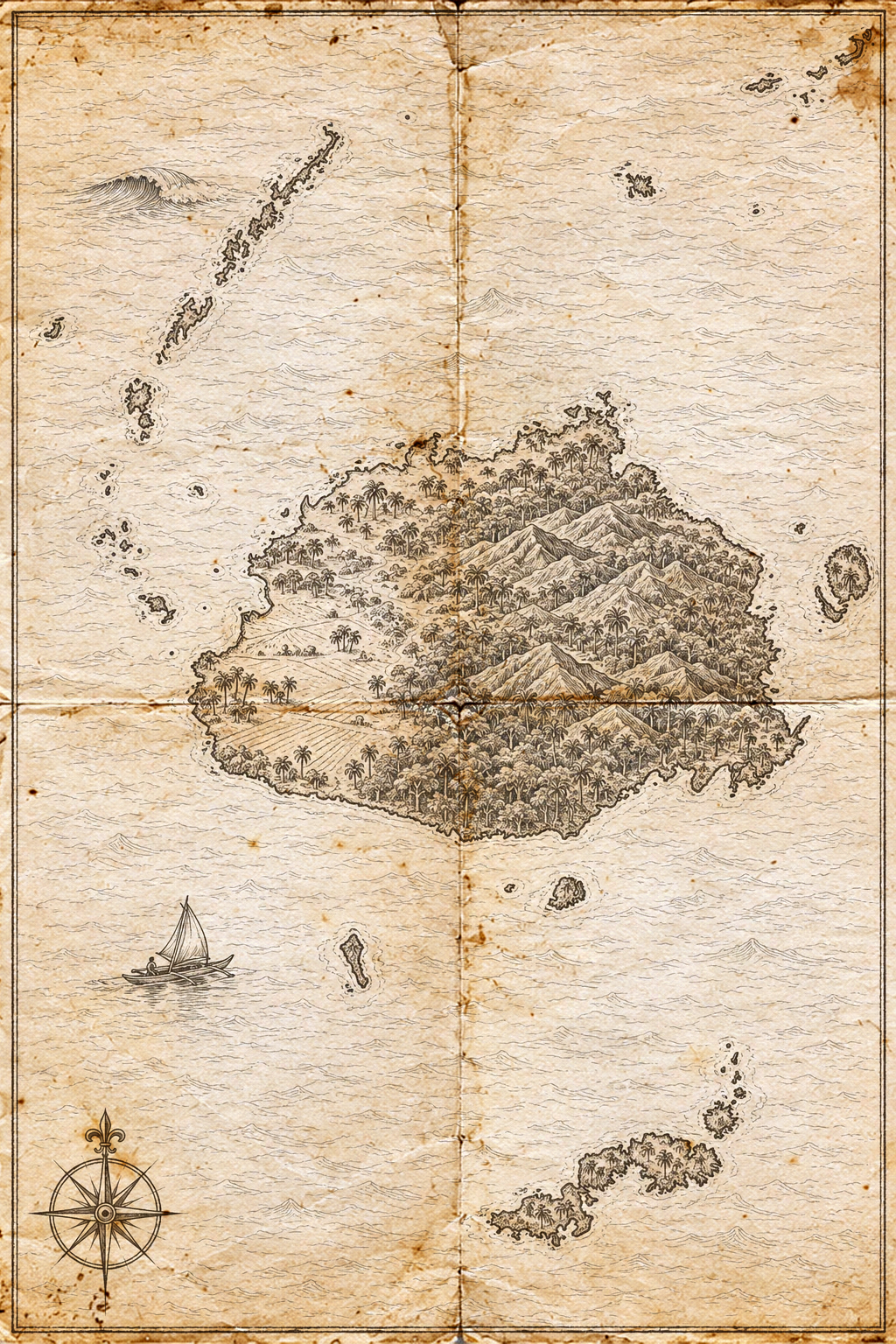 Illustrated map of Fiji, in the style of an antique nautical chart.