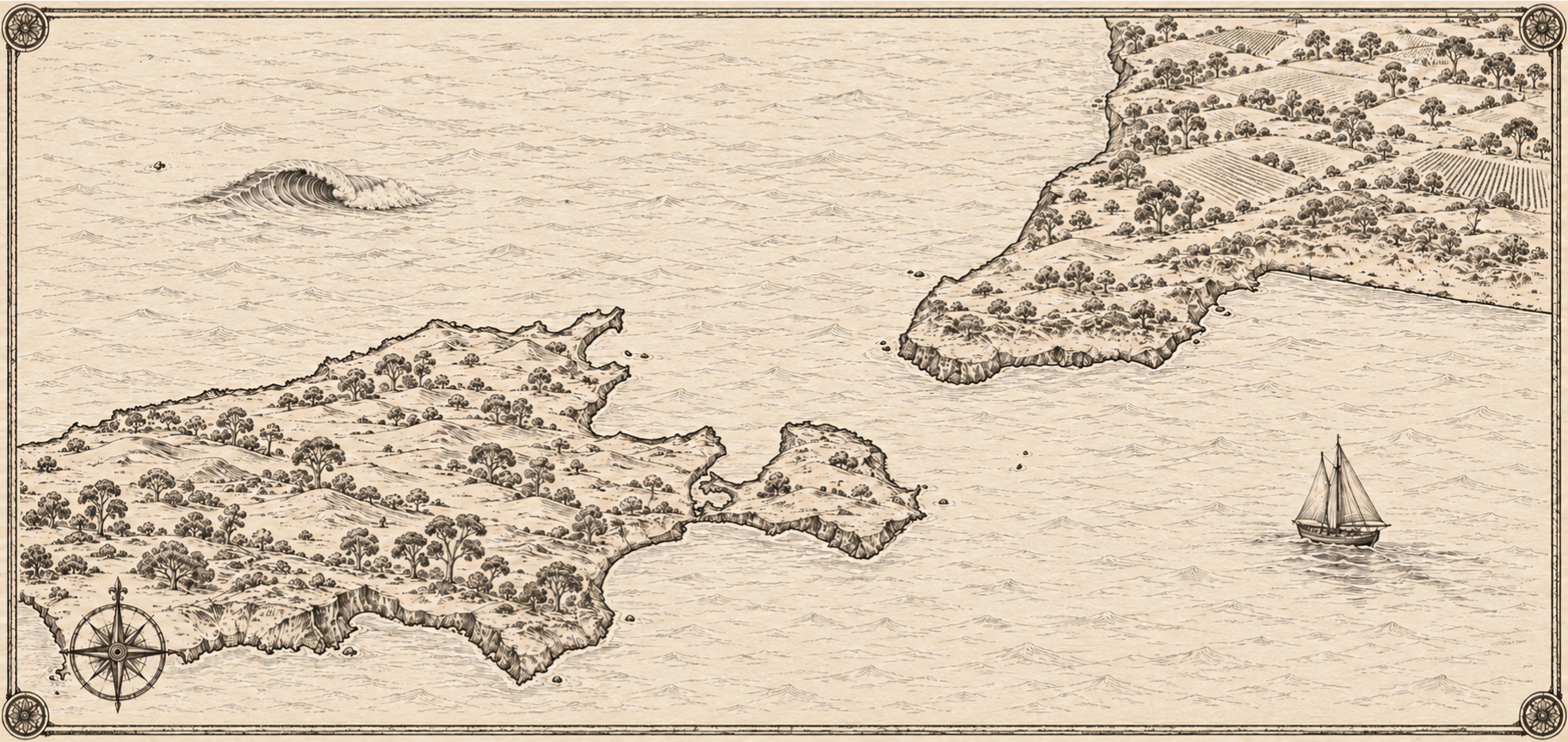 Illustrated map of Fleurieu and Kangaroo Island, in the style of an antique nautical chart.