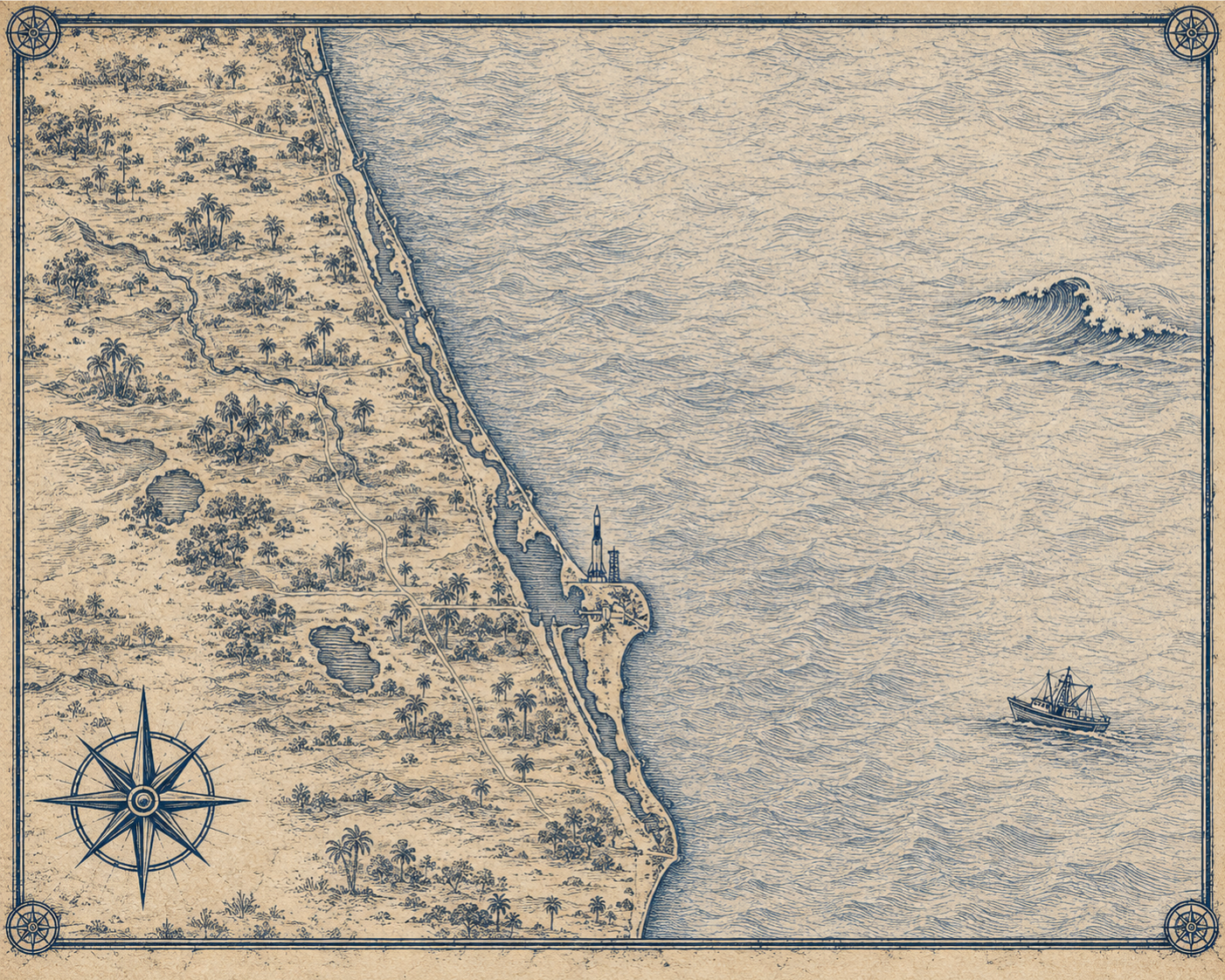 Illustrated navy-and-parchment map of Florida's Atlantic Coast, in the style of an antique nautical chart.