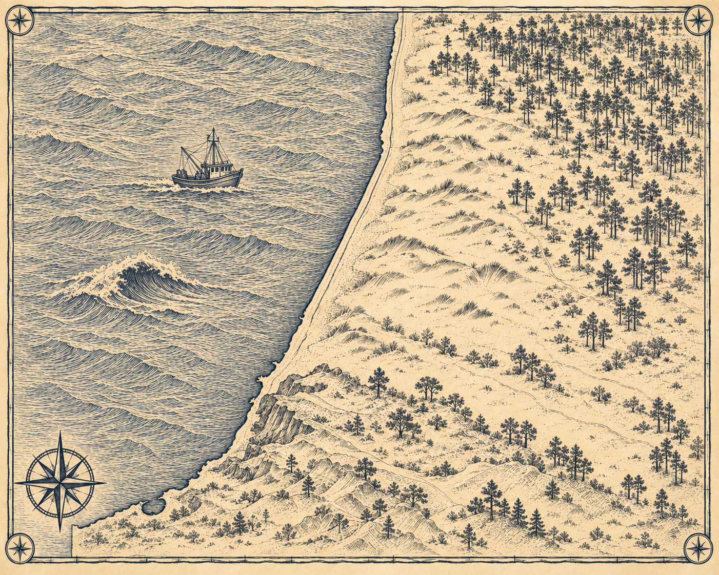 Illustrated navy-and-parchment map of French Basque Country and the Landes coast, in the style of an antique nautical chart.