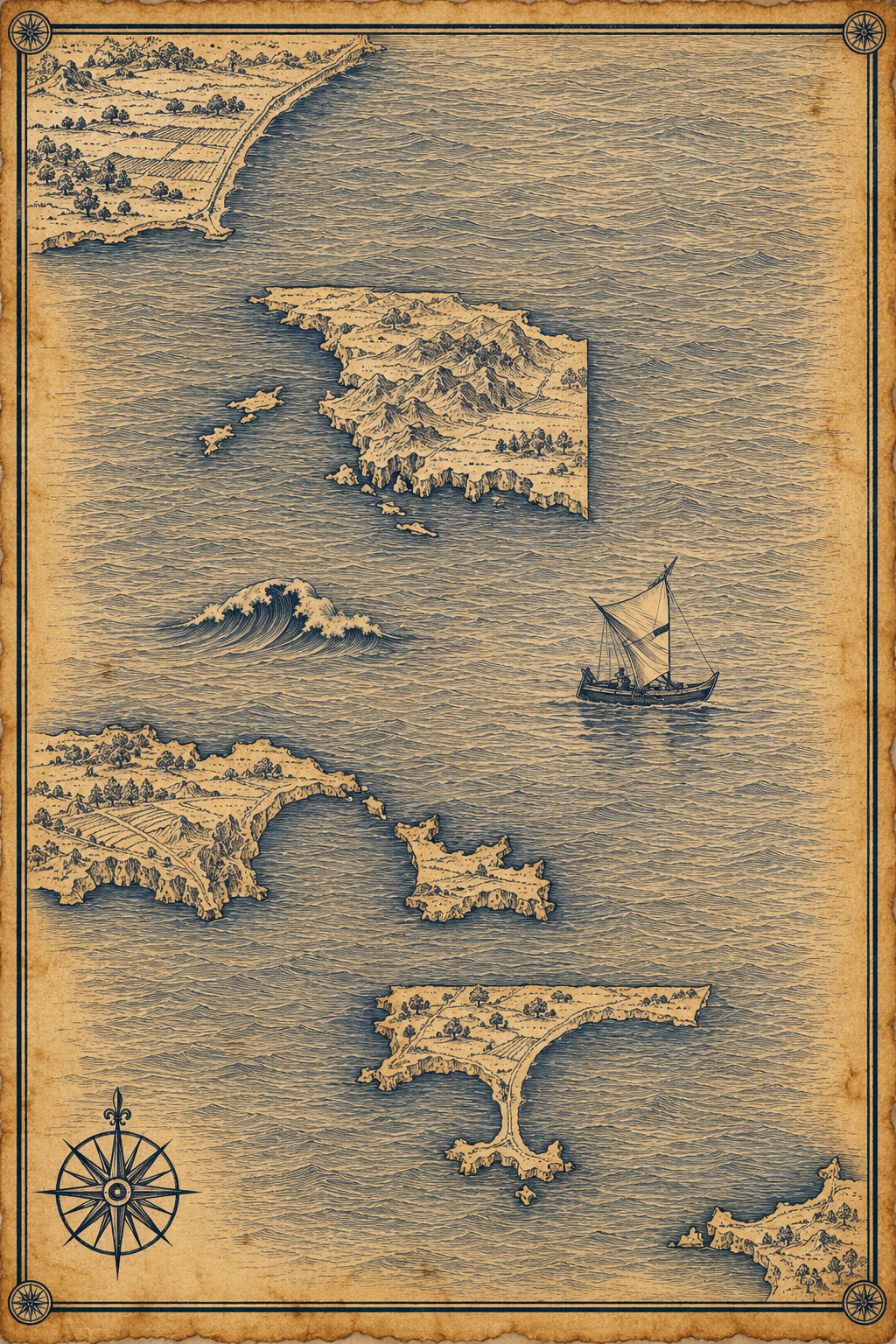 Illustrated ink-on-parchment map of four stretches of the French Mediterranean coast, in the style of an antique nautical chart.