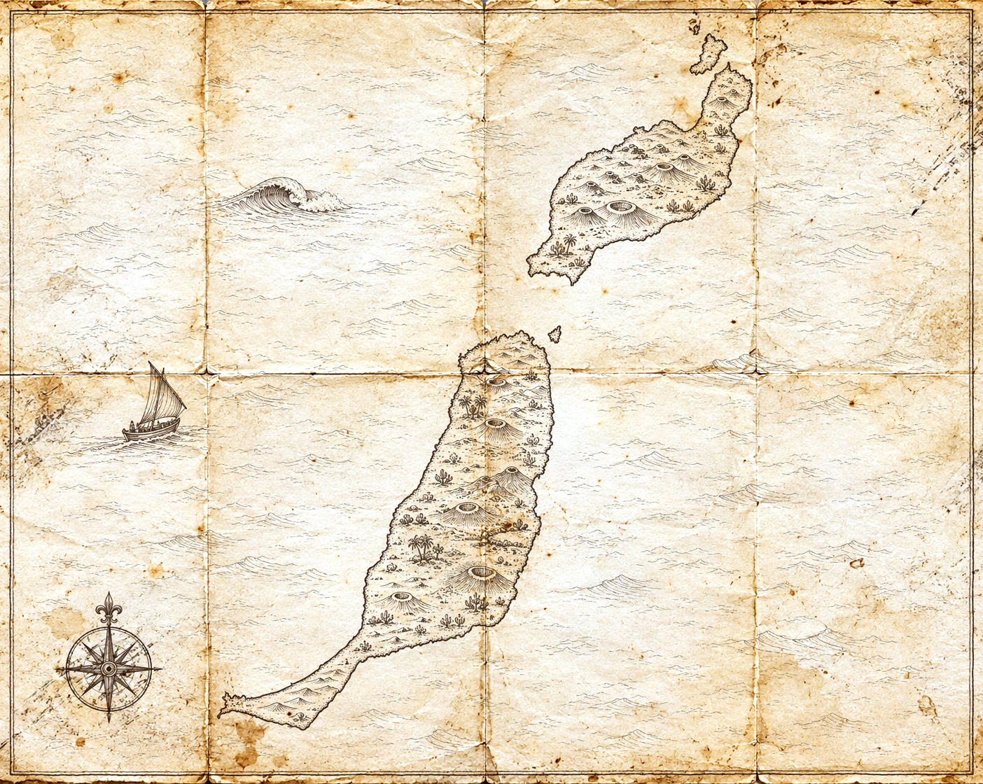 Illustrated map of Fuerteventura and Lanzarote, in the style of an antique nautical chart.