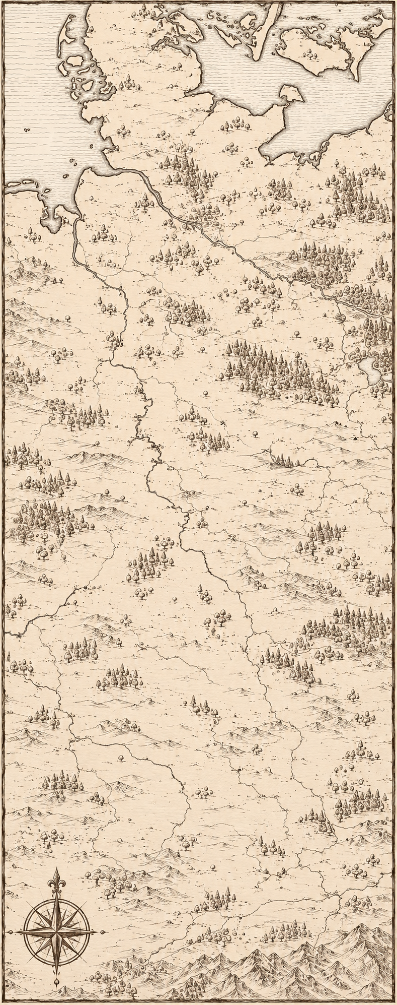 Illustrated sepia-ink map of Germany from the North Frisian coast to the Alps, in the style of an antique hand-drawn chart.
